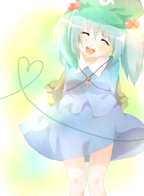 purin jiisan, kawashiro nitori, touhou, bad id, bad pixiv id, 1girl, backpack, bag, blue hair, closed eyes, female focus, hair bobbles, hair ornament, hat, heart, key, randoseru, smile, solo, twintails, two side up