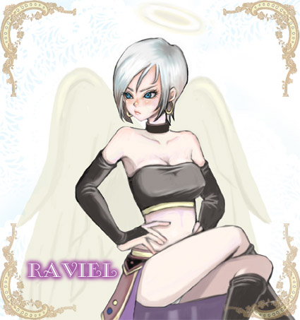 amaguri, raviel, dragon quest, dragon quest ix, level-5, bad id, bad pixiv id, lowres, angel wings, blue eyes, blush, boots, bridal gauntlets, choker, crossed legs, earrings, elbow gloves, gloves, halo, jewelry, midriff, short hair, sitting, skirt, solo, wings