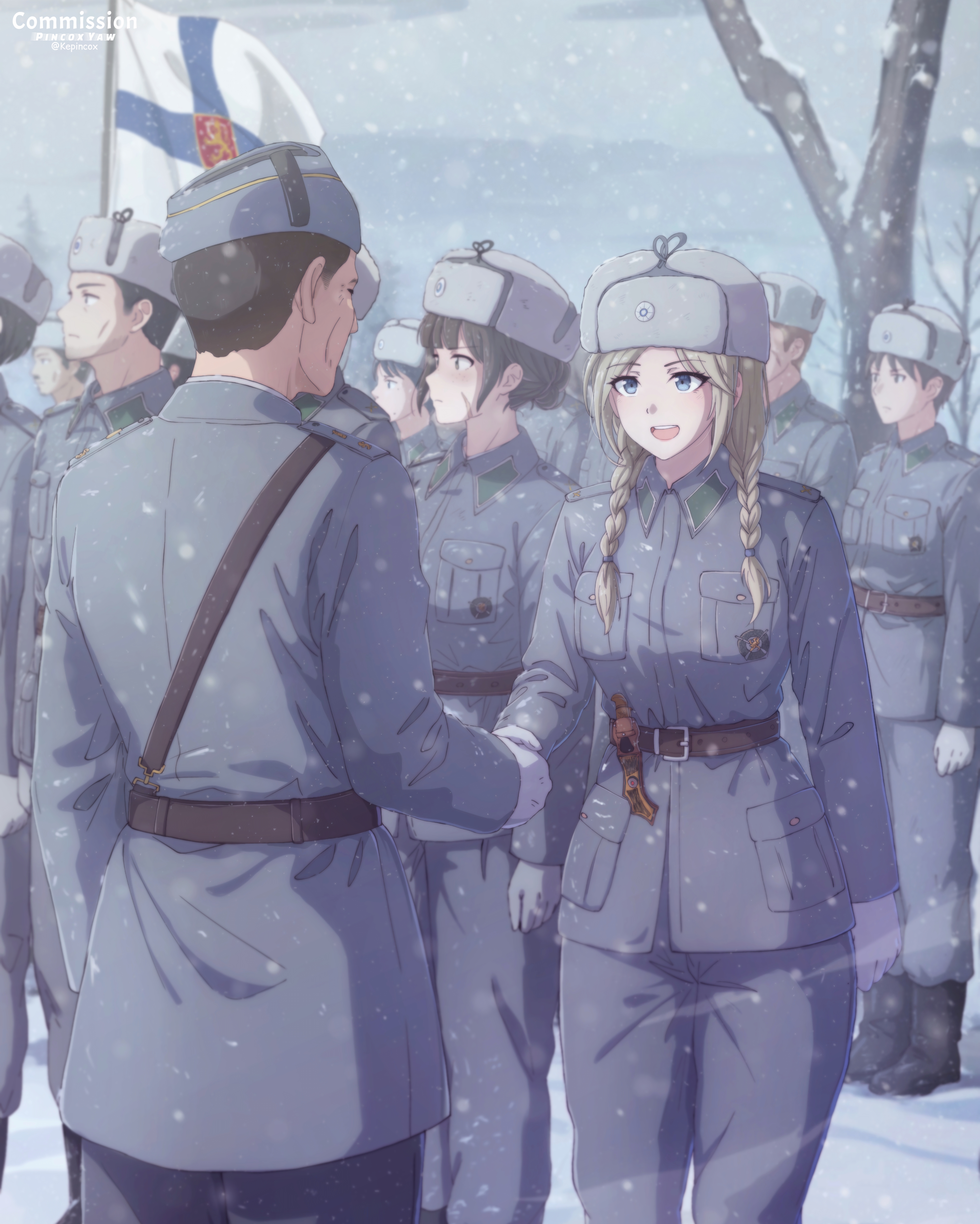 kepincox, original, absurdres, commentary, commission, english commentary, highres, pixiv commission, 2girls, 6+boys, belt, black boots, black hair, blonde hair, blue eyes, blue jacket, blue pants, blush, boots, braid, braided twintails, brown belt, brown hair, collar tabs, finnish army, finnish flag, gloves, green collar tabs, handshake, hat, jacket, long hair, looking at another, looking to the side, low twintails, military, military rank insignia, military uniform, multiple boys, multiple girls, open mouth, outdoors, pants, sam browne belt, scar, scar on face, short hair, snowing, twintails, ushanka, white gloves, world war ii