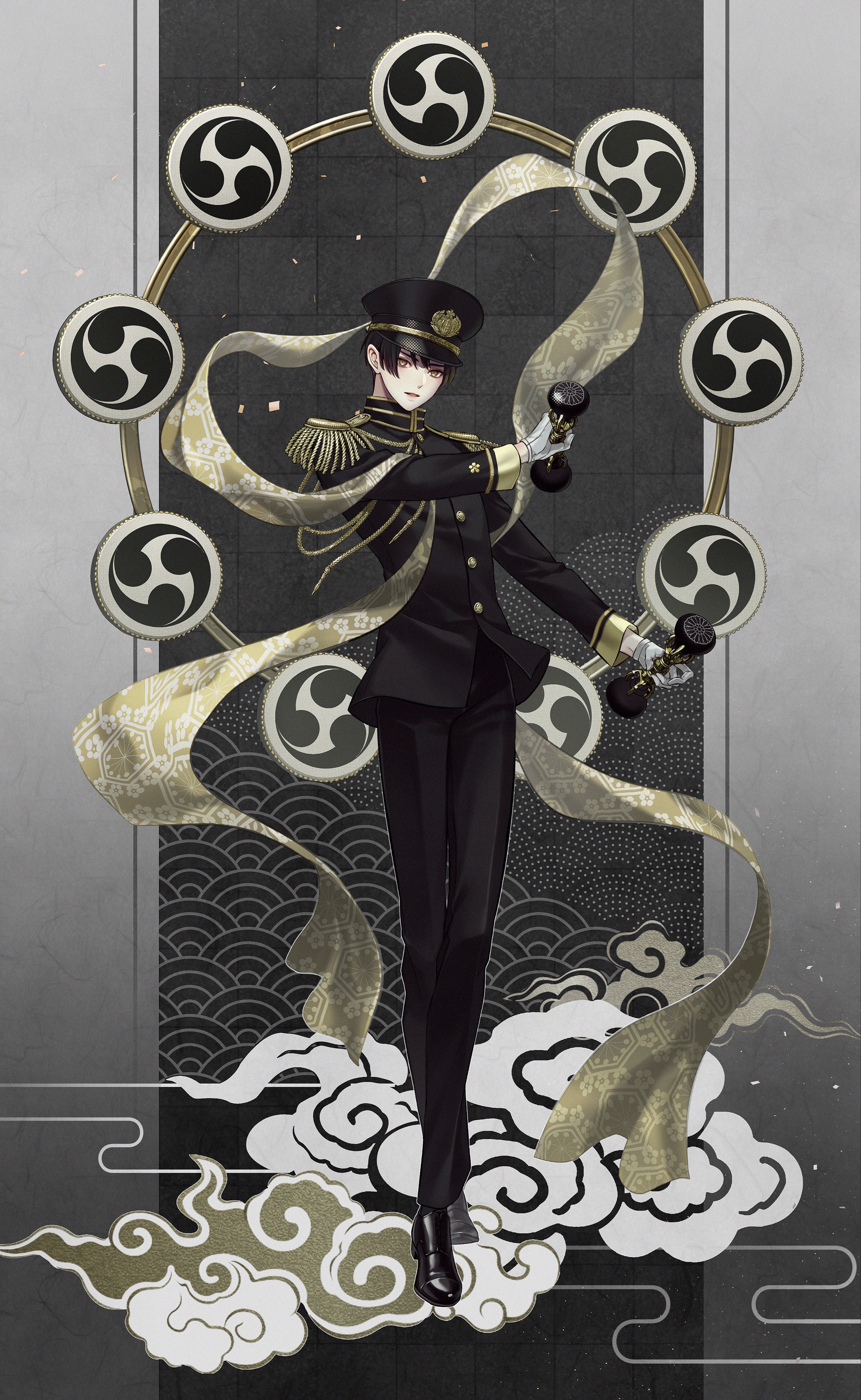 npyon, japan (hetalia), axis powers hetalia, absurdres, highres, 1boy, aiguillette, black background, black hair, black hat, black jacket, black pants, black shoes, border, brown eyes, buttons, checkered background, cloud, egasumi, epaulettes, floral print, full body, gloves, grey border, hair between eyes, hands up, hat, honeycomb (pattern), jacket, lips, looking at viewer, male focus, military, military hat, military jacket, military uniform, mitsudomoe (shape), outside border, pants, peaked cap, scarf, seigaiha, shoes, short hair, smile, solo, standing, teeth, tomoe (symbol), white gloves, yellow scarf