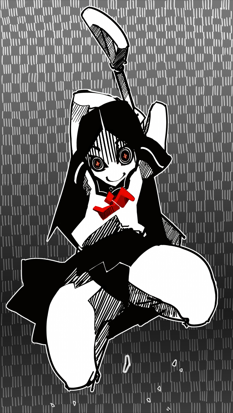 morosuke, kitsu chiri, sayonara zetsubou sensei, highres, 00s, black hair, crazy eyes, long hair, parted bangs, school uniform, serafuku, shovel, skirt, solo, worktool, yandere