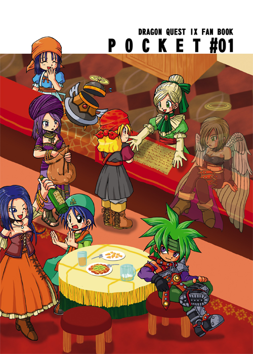 igamono, raviel, rikka (dq9), roxanne (dq9), ruida, dragon quest, dragon quest ix, level-5, silver hair, annotated, bad id, bad pixiv id, character request, 2boys, 6+girls, angel wings, bag, bandana, blonde hair, blue eyes, blue hair, blush, boots, bottle, bow, breasts, bridal gauntlets, chibi, cleavage, closed eyes, dress, gloves, green eyes, hair bow, halo, laughing, midriff, multiple boys, multiple girls, one eye closed, pteruges, purple eyes, purple hair, red eyes, skirt, smile, turban, wings, wink