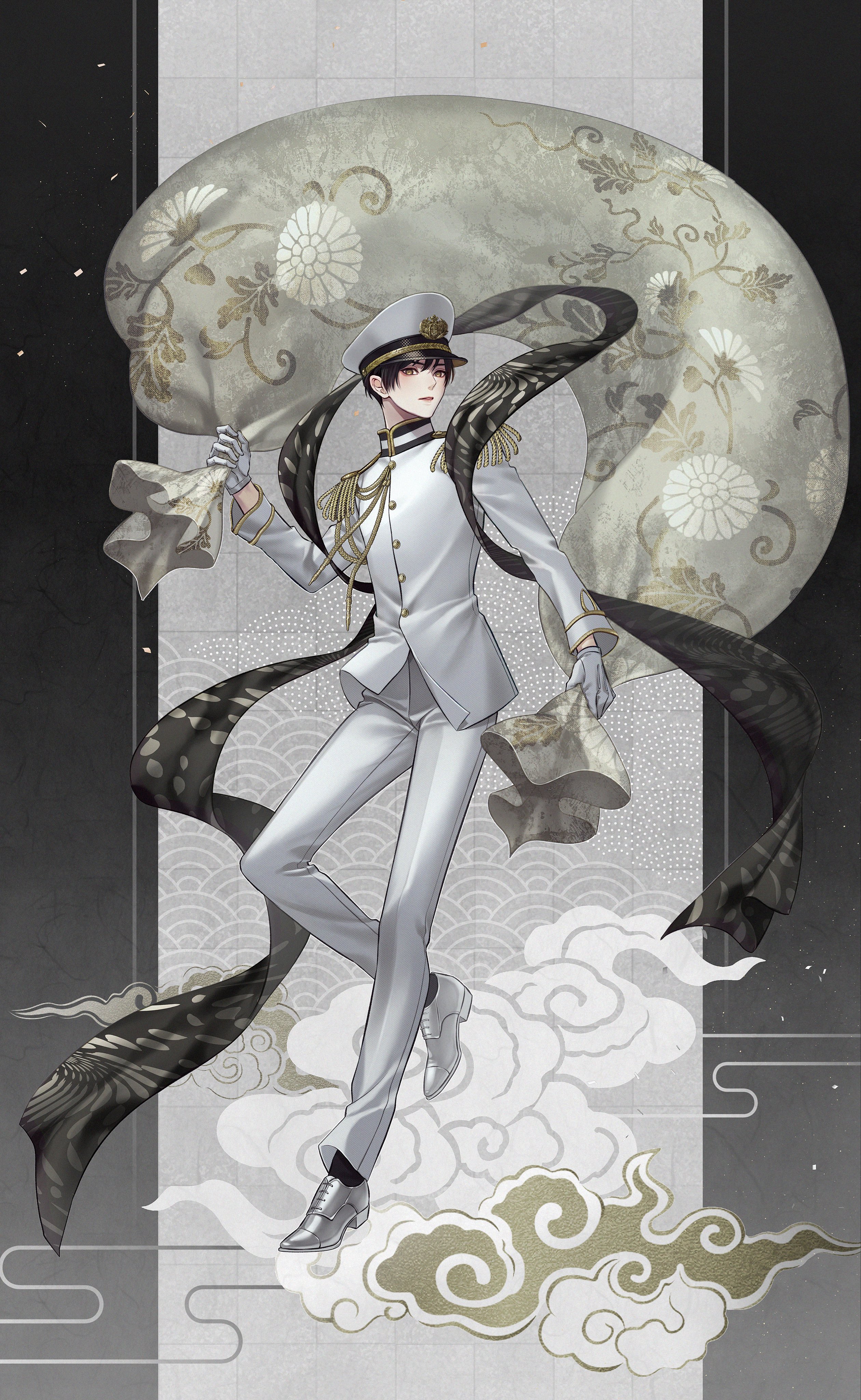 npyon, japan (hetalia), axis powers hetalia, absurdres, highres, 1boy, aiguillette, black hair, black socks, border, buttons, checkered background, cloud, egasumi, epaulettes, floral print, gloves, grey border, hair between eyes, hand up, hat, holding, jacket, lips, long sleeves, looking at viewer, male focus, military, military hat, military jacket, military uniform, open mouth, outside border, pants, peaked cap, seigaiha, shoes, short hair, smile, socks, solo, standing, standing on one leg, white background, white gloves, white hat, white jacket, white pants, white shoes