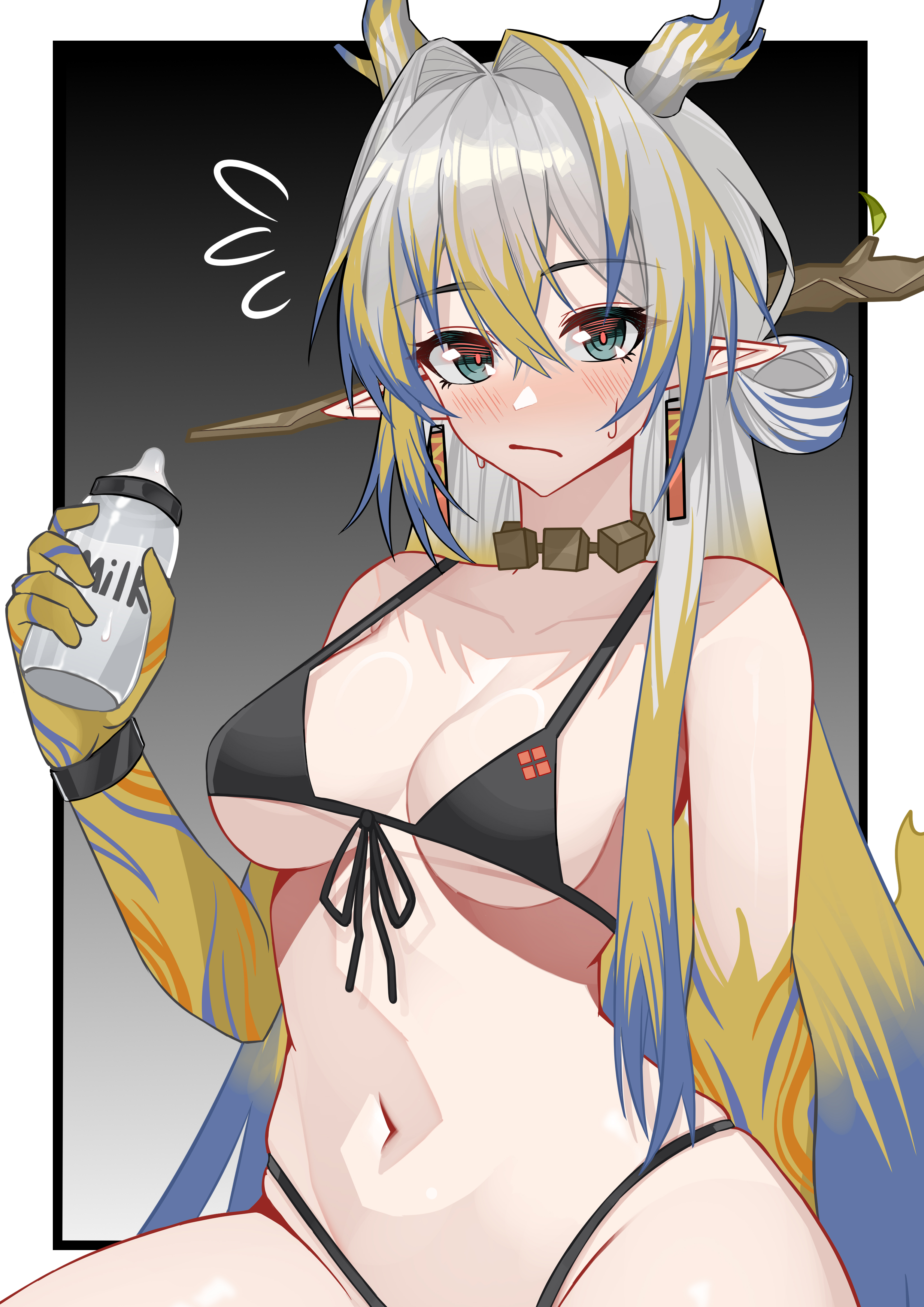 muusn, shu (arknights), arknights, absurdres, highres, 1girl, alternate breast size (larger), aqua eyes, baby bottle, bare shoulders, bikini, black bikini, blonde hair, blue hair, blush, border, bottle, breasts, cleavage, closed mouth, collarbone, colored skin, dragon horns, earrings, flying sweatdrops, front-tie bikini top, front-tie top, gradient background, grey background, grey hair, hair intakes, hair ornament, hair rings, hair stick, horns, jewelry, long hair, looking at viewer, medium breasts, multicolored hair, navel, necklace, outside border, pointy ears, solo, swimsuit, upper body, very long hair, white border, yellow skin