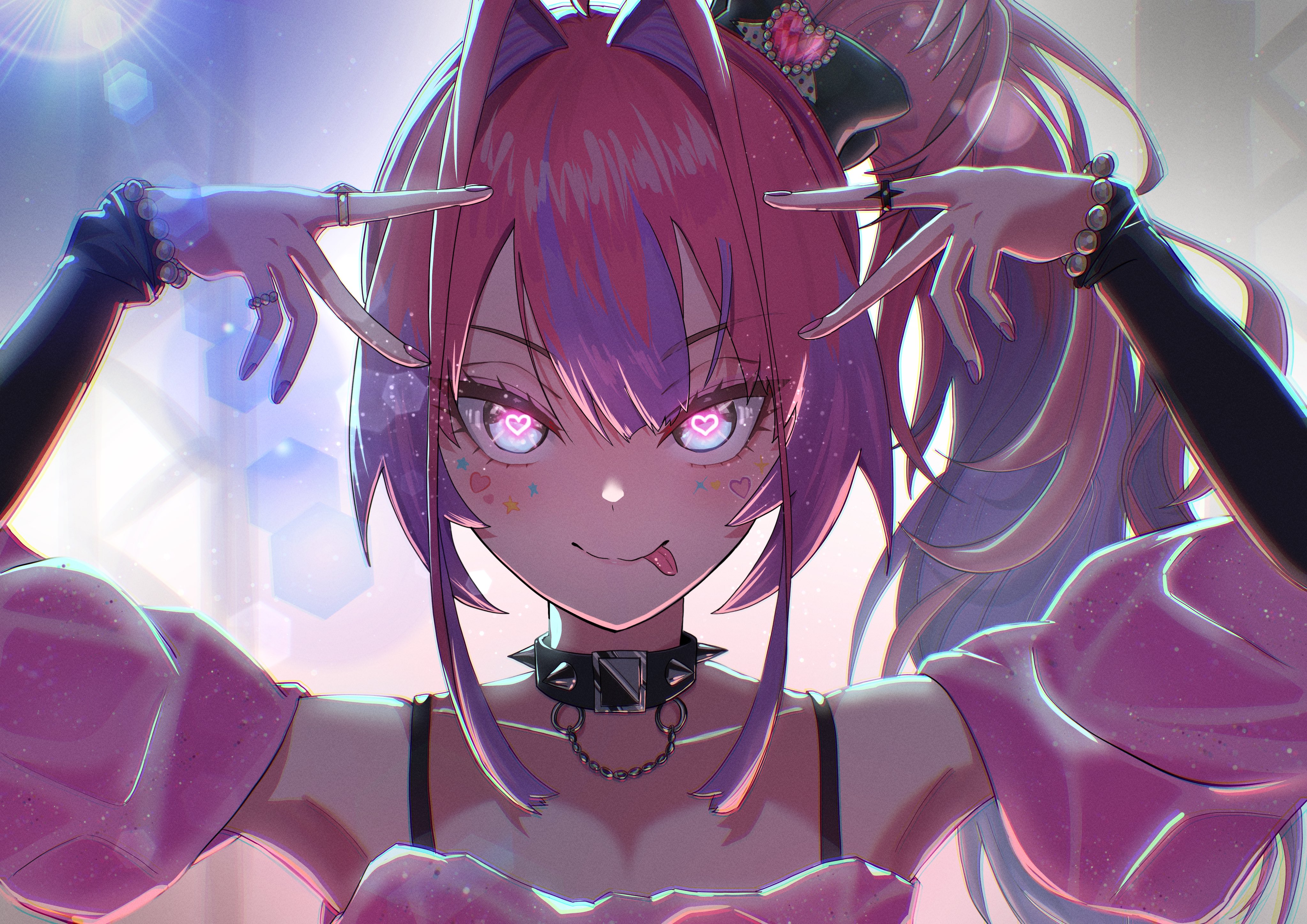 vermin., kikirara vivi, hololive, hololive dev is, absurdres, highres, 1girl, blue eyes, heart, heart in eye, high ponytail, hoshino ai's pose, long hair, multicolored hair, pink hair, ponytail, purple hair, solo, symbol in eye, tongue, tongue out, two-tone hair, virtual youtuber
