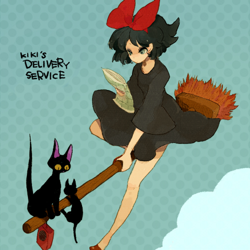 l hakase, jiji (majo no takkyuubin), kiki (majo no takkyuubin), majo no takkyuubin, studio ghibli, 1980s (style), bad id, bad pixiv id, lowres, 1girl, baby animal, black cat, black eyes, black hair, broom, broom riding, cat, female focus, kitten, oldschool, retro artstyle, ribbon, short hair, solo, witch
