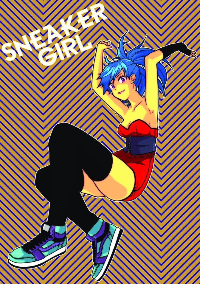 nyamomi, tagme, blue hair, ponytail, shoes, sneakers, solo, thighhighs