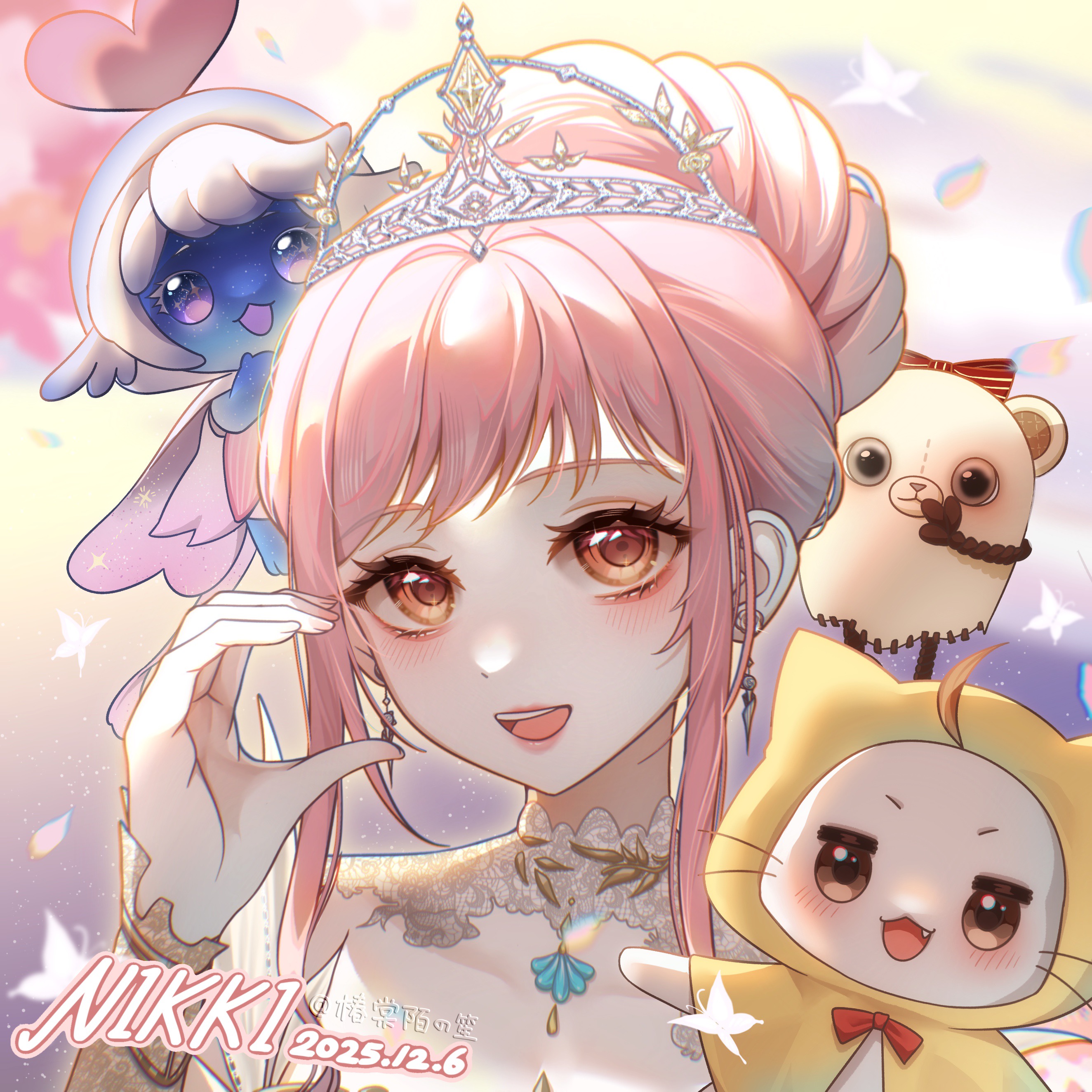 momo (nikki), nikki (nikki), infinity nikki, nikki (series), absurdres, character request, highres, procreate (medium), 1girl, aegyo sal, animal, bow, bowtie, bracer, brown eyes, bug, butterfly, cat, cherry blossoms, chuntangmo no shou, cloak, clothed animal, collar, collarbone, detached collar, dot nose, dress, ear covers, earrings, eyelashes, faewish sprite, falling petals, fang, feather-trimmed dress, fingernails, fluffy waltz dodobear (infinity nikki), frills, gradient background, hair bun, half-heart hands, happy, hood, hood up, hooded cloak, insect, jewelry, lace collar, light blush, lipstick, makeup, melody bloom (infinity nikki), open mouth, petals, piecey, pink hair, pink lips, purple background, red bow, red bowtie, short hair with long locks, short sleeves, sidelocks, single hair bun, smile, teeth, tiara, traditional bowtie, tree, two-tone background, updo, upper body, upper teeth only, v-shaped eyebrows, whiskers, white cat, white collar, white dress, yellow background, yellow cloak