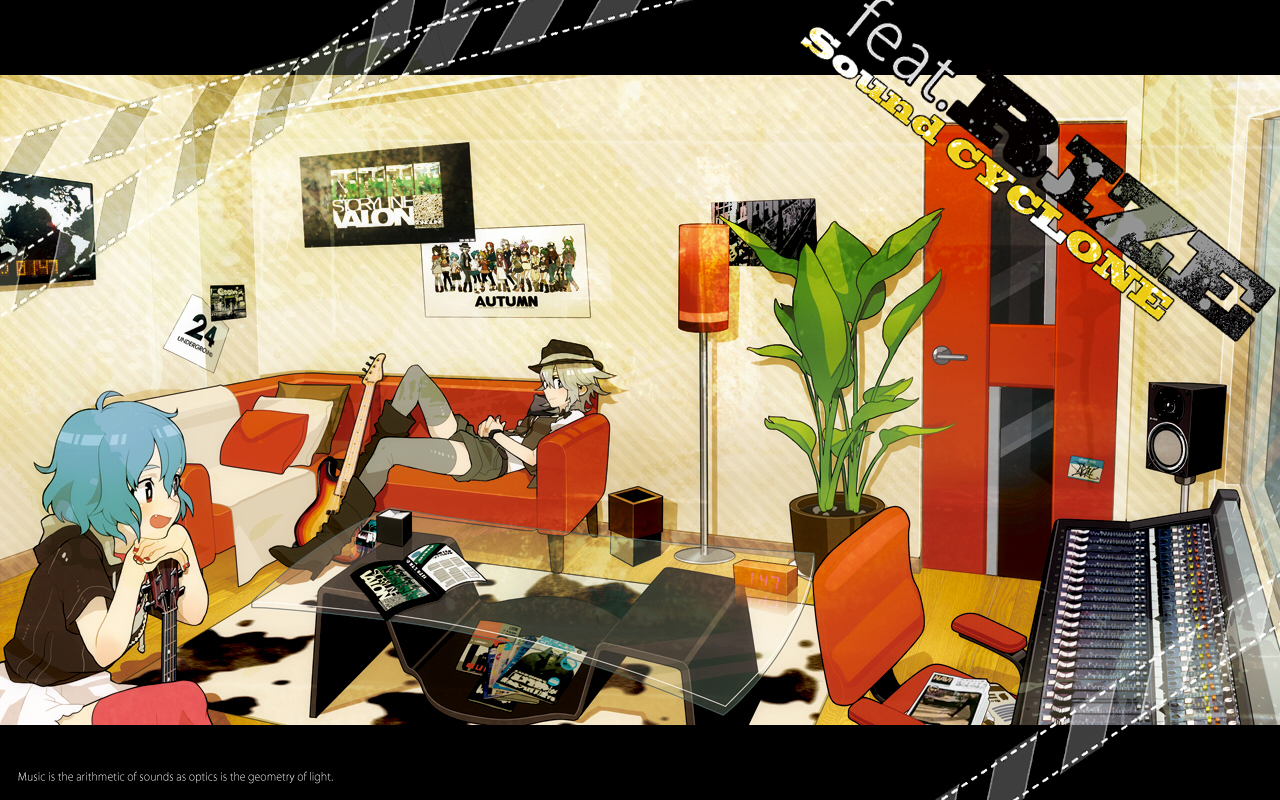 haruo (clownberry), izayoi sakuya, remilia scarlet, touhou, bad id, bad pixiv id, 2girls, alternate costume, blue hair, boots, casual, contemporary, english text, fang, female focus, grey hair, guitar, instrument, keyboard, keyboard (instrument), letterboxed, multiple girls, speaker