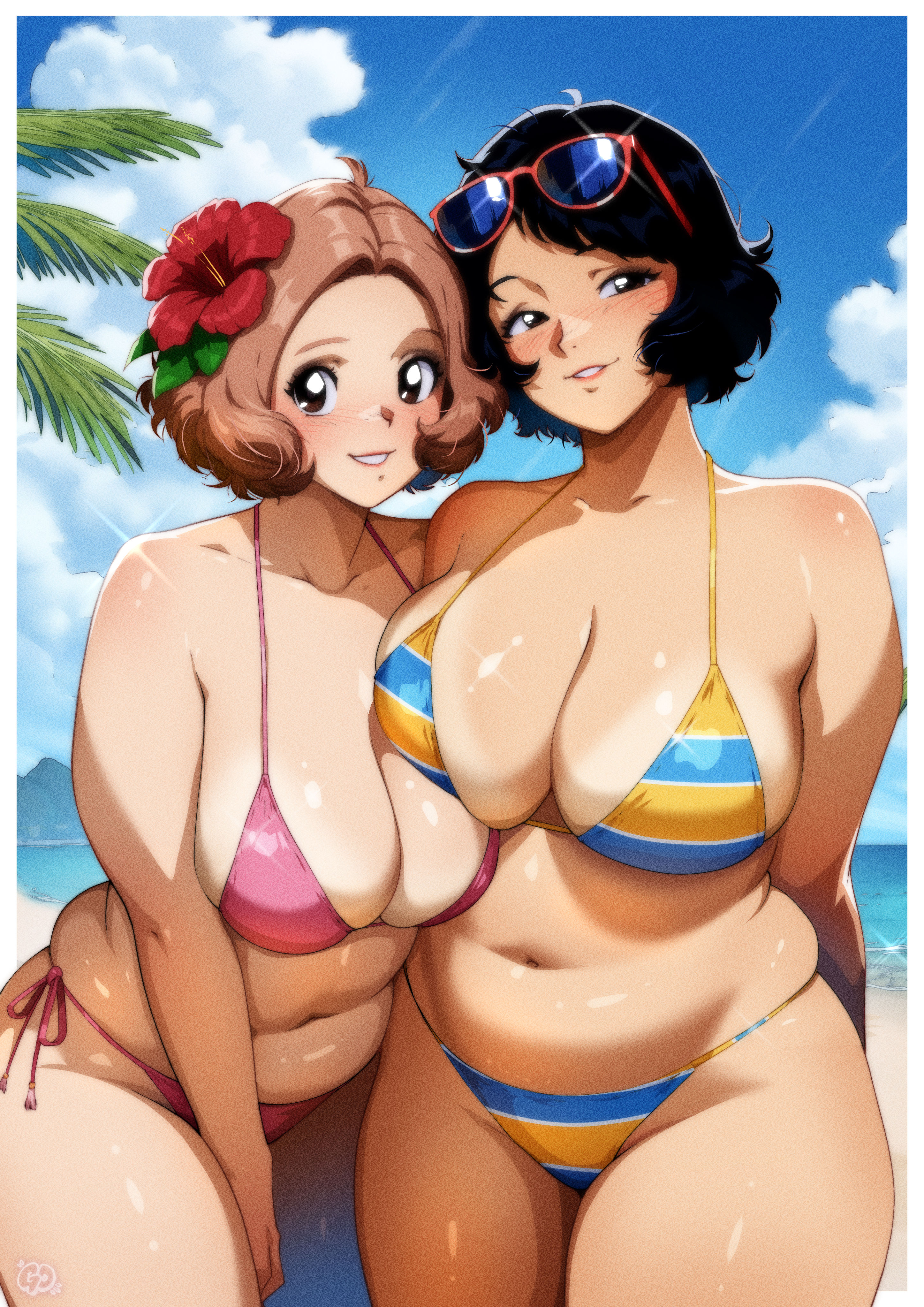 gravydood, kawakami sadayo, okumura haru, persona, persona 5, absurdres, highres, 2girls, bikini, blush, breasts, cleavage, curvy, female focus, flower, flower on head, large breasts, looking at viewer, multiple girls, navel, plump, short hair, sunglasses, swimsuit, thick thighs, thighs, wide hips