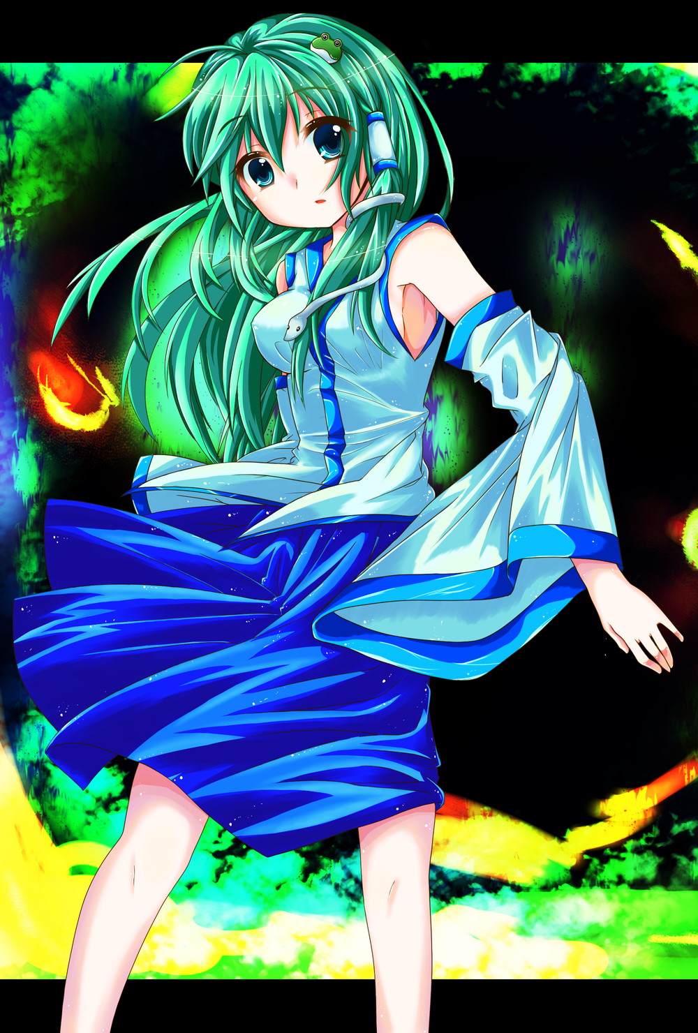 oruto (ort+), oruton, snowfly, kochiya sanae, touhou, bad id, bad pixiv id, highres, 1girl, armpits, bare shoulders, breasts, detached sleeves, female focus, green eyes, green hair, long hair, matching hair/eyes, solo, wind, wind lift