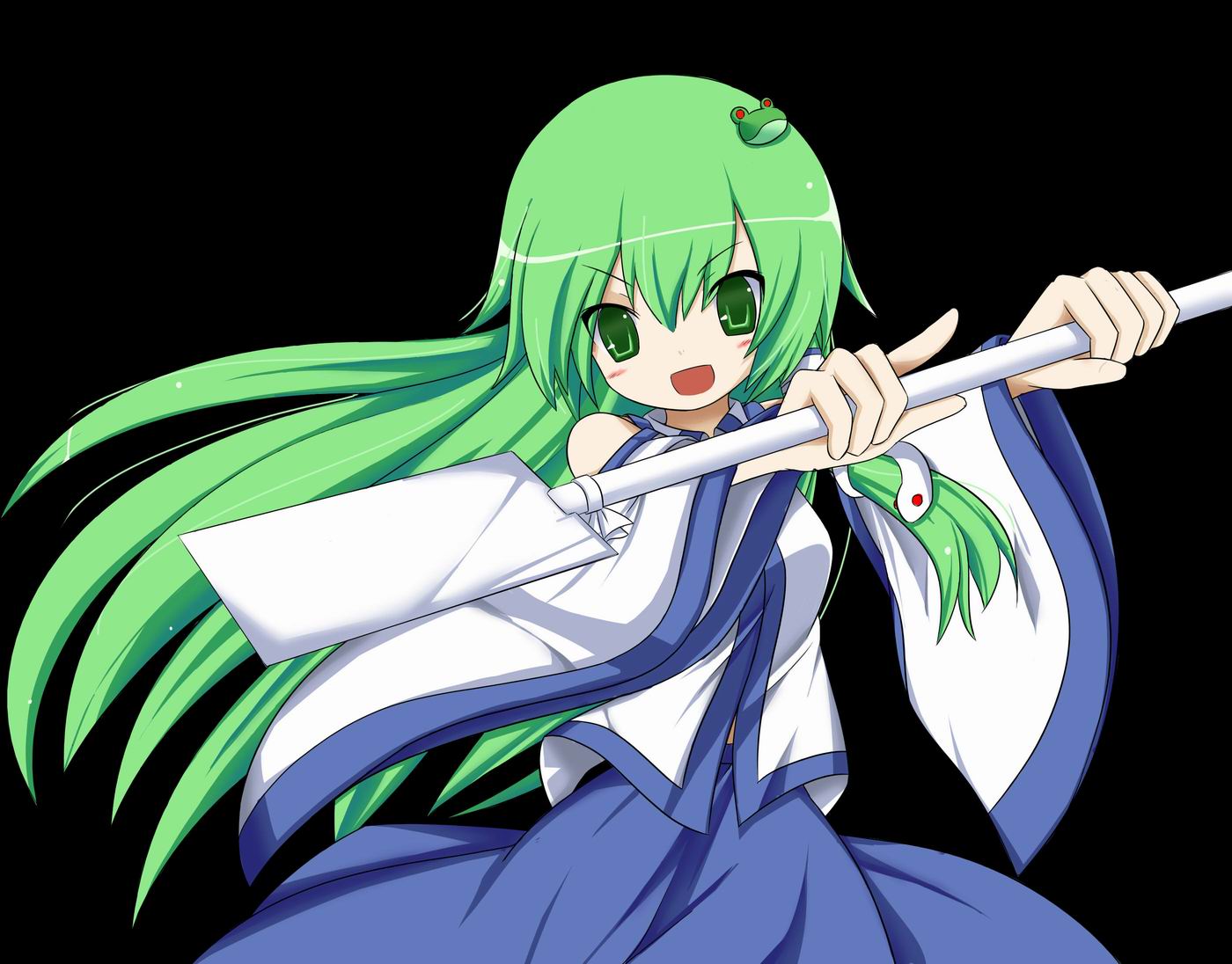 amemiya ruki, luky, miko machi, kochiya sanae, touhou, bad id, bad pixiv id, colorized, 1girl, black background, detached sleeves, female focus, green eyes, green hair, simple background, solo, standing