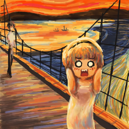 orange541, houjou satoko, maebara keiichi, higurashi no naku koro ni, tatarigoroshi-hen, the scream, lowres, spoilers, 1boy, 1girl, blonde hair, boat, fine art parody, headband, o o, orange theme, parody, watercraft
