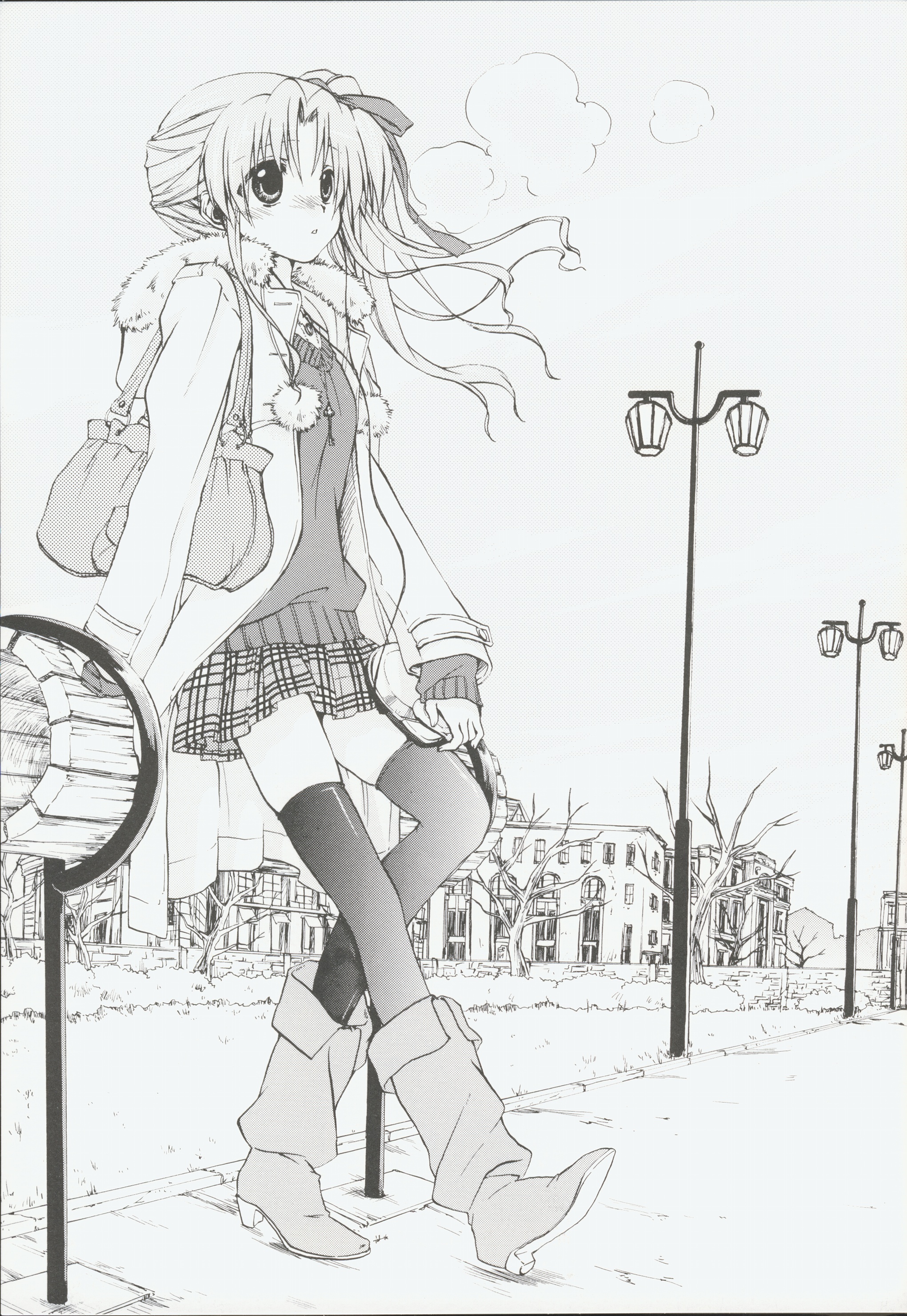 hayama mizuki, ef (visual novel), absurdres, highres, non-web source, 00s, blonde hair, boots, greyscale, legs, miniskirt, monochrome, side ponytail, skirt, solo, thighhighs, winter, zettai ryouiki