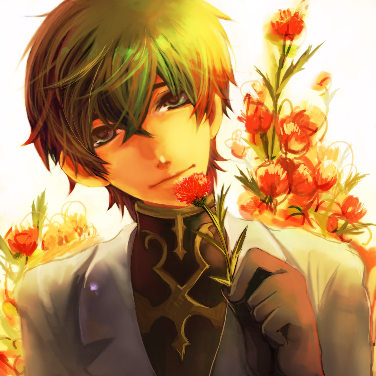 sumitani, kururugi suzaku, code geass, bad id, bad pixiv id, highres, 00s, 1boy, brown hair, flower, gloves, green eyes, knights of the round uniform, male focus, solo
