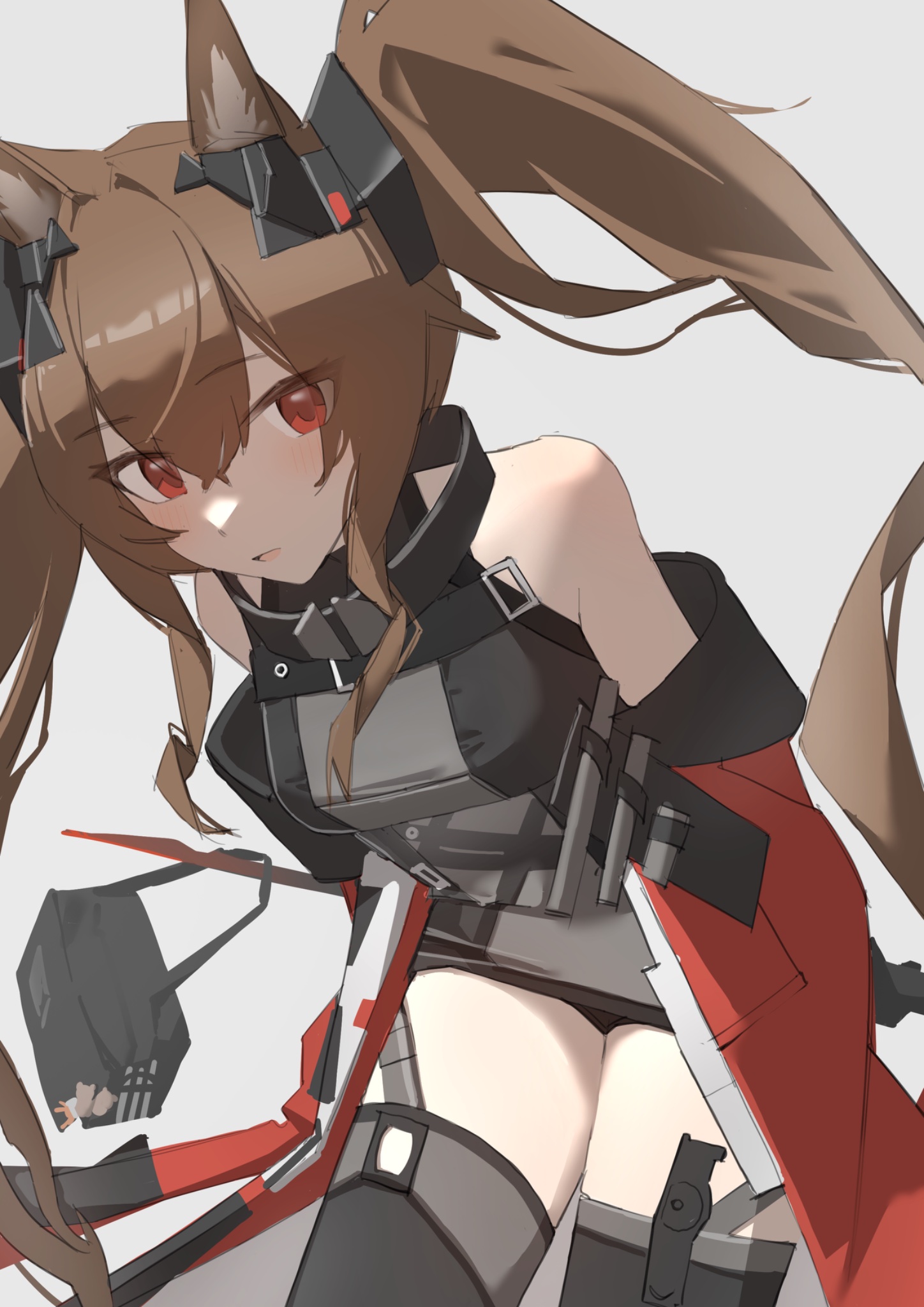 angelina (arknights), gilberta (arknights), arknights, highres, 1girl, animal ear fluff, animal ears, arms behind back, bag, bare shoulders, belt, black bag, breasts, brown hair, clothes down, coat, dress, fox ears, fox girl, grey dress, hair between eyes, headpiece, high belt, high collar, holding, holding staff, hrtk, impossible clothes, impossible dress, leaning forward, long hair, looking at viewer, medium breasts, messenger bag, off shoulder, open clothes, open coat, red coat, red eyes, short dress, shoulder bag, simple background, solo, staff, thighhighs, thighs, twintails, white background, zettai ryouiki