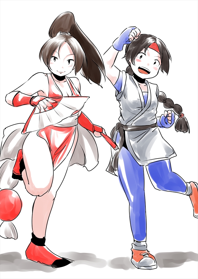 kirinama01, shiranui mai, yuri sakazaki, snk heroines: tag team frenzy, 2girls, :d, arm up, black hair, blue gloves, blue pantyhose, braid, breasts, brown hair, cleavage, cosplay, dougi, fingerless gloves, gloves, hand fan, headband, holding, holding fan, multiple girls, open mouth, pantyhose, red headband, red shoes, shoes, sleeveless, small breasts, smile, sneakers, standing, standing on one leg