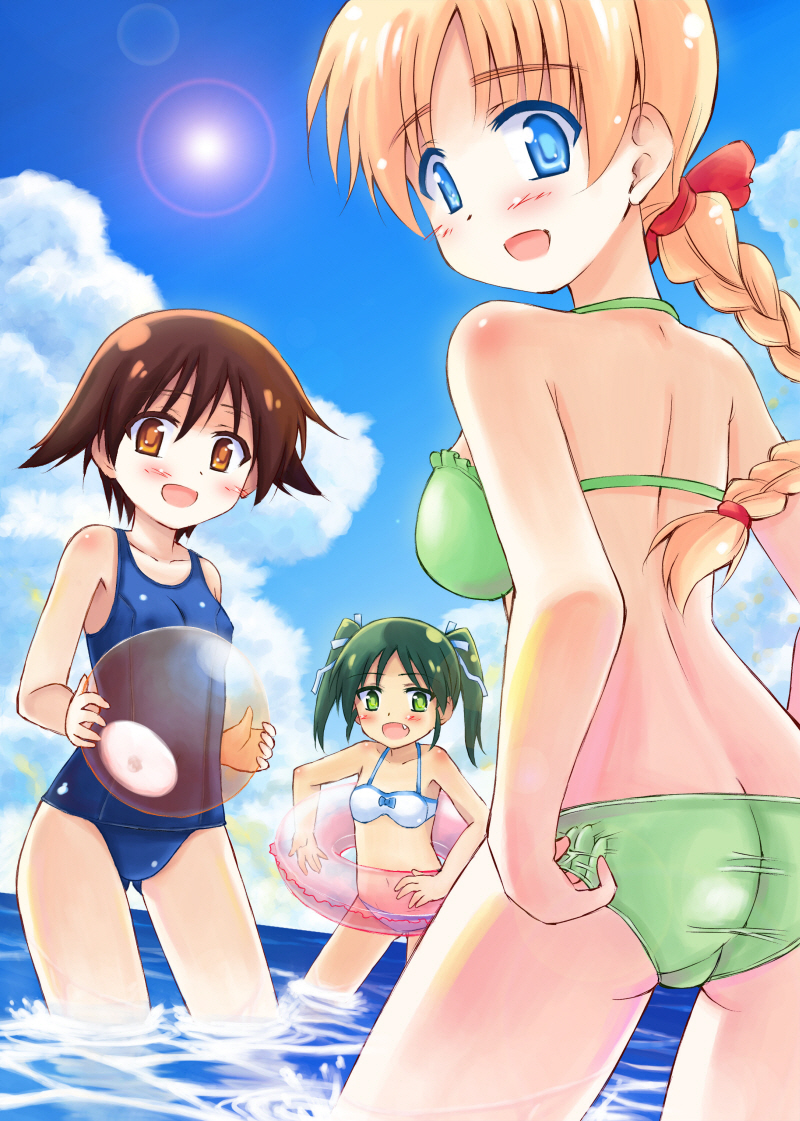 nean, francesca lucchini, lynette bishop, miyafuji yoshika, strike witches, world witches series, bad id, bad pixiv id, 00s, 3girls, ass, ball, beach, beachball, bikini, black hair, blue eyes, blush, braid, breasts, brown eyes, brown hair, butt crack, cloud, day, green eyes, lens flare, medium breasts, multiple girls, ocean, one-piece swimsuit, outdoors, school swimsuit, see-through clothes, single braid, sky, sun, swimsuit, twintails, water