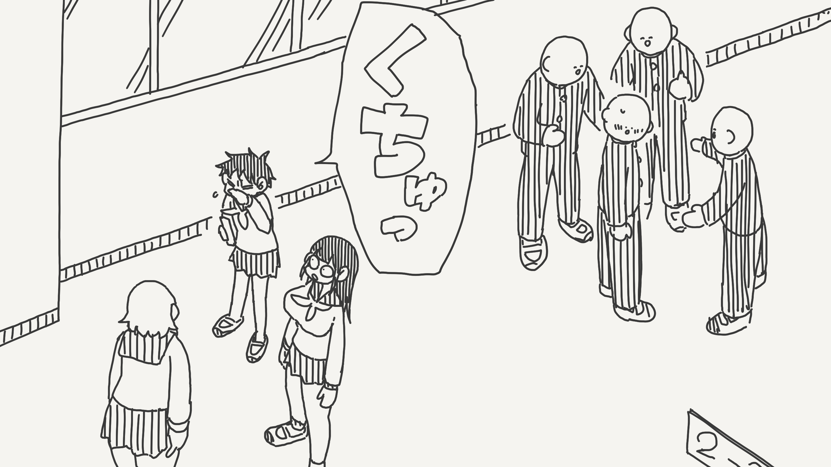 horideiyasumi, original, commentary, highres, translated, 3girls, 4boys, bait and switch, bald, black hair, blush, breasts, covering own mouth, greyscale, huge breasts, long hair, mob face, monochrome, multiple boys, multiple girls, school, school uniform, short hair, sneezing, wide-eyed