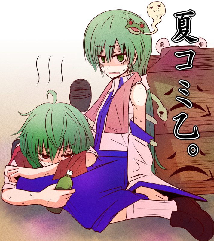tori rui, kazami yuuka, kochiya sanae, touhou, 2girls, bottle, detached sleeves, female focus, frog, green eyes, green hair, hair ornament, hat, hot, long hair, multiple girls, red eyes, shaded face, short hair, snake, sweat, towel, vest