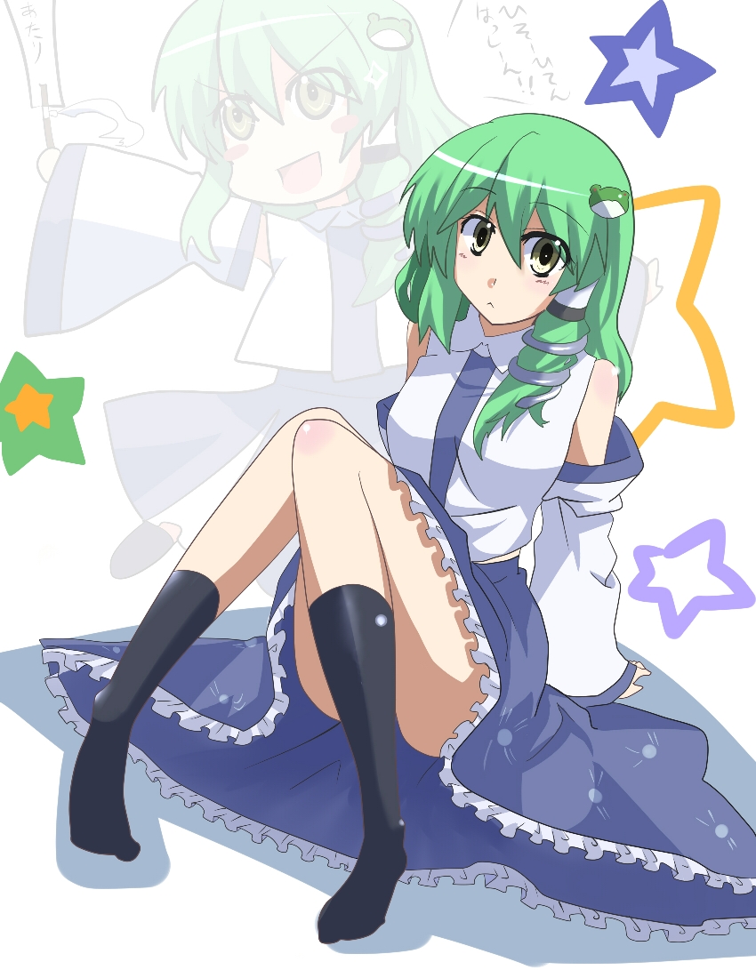 akatoro (nightlord), toro (pixiv), kochiya sanae, touhou, 1girl, :<, ass, female focus, frog, green hair, multiple views, sitting, snake, star (symbol), white background