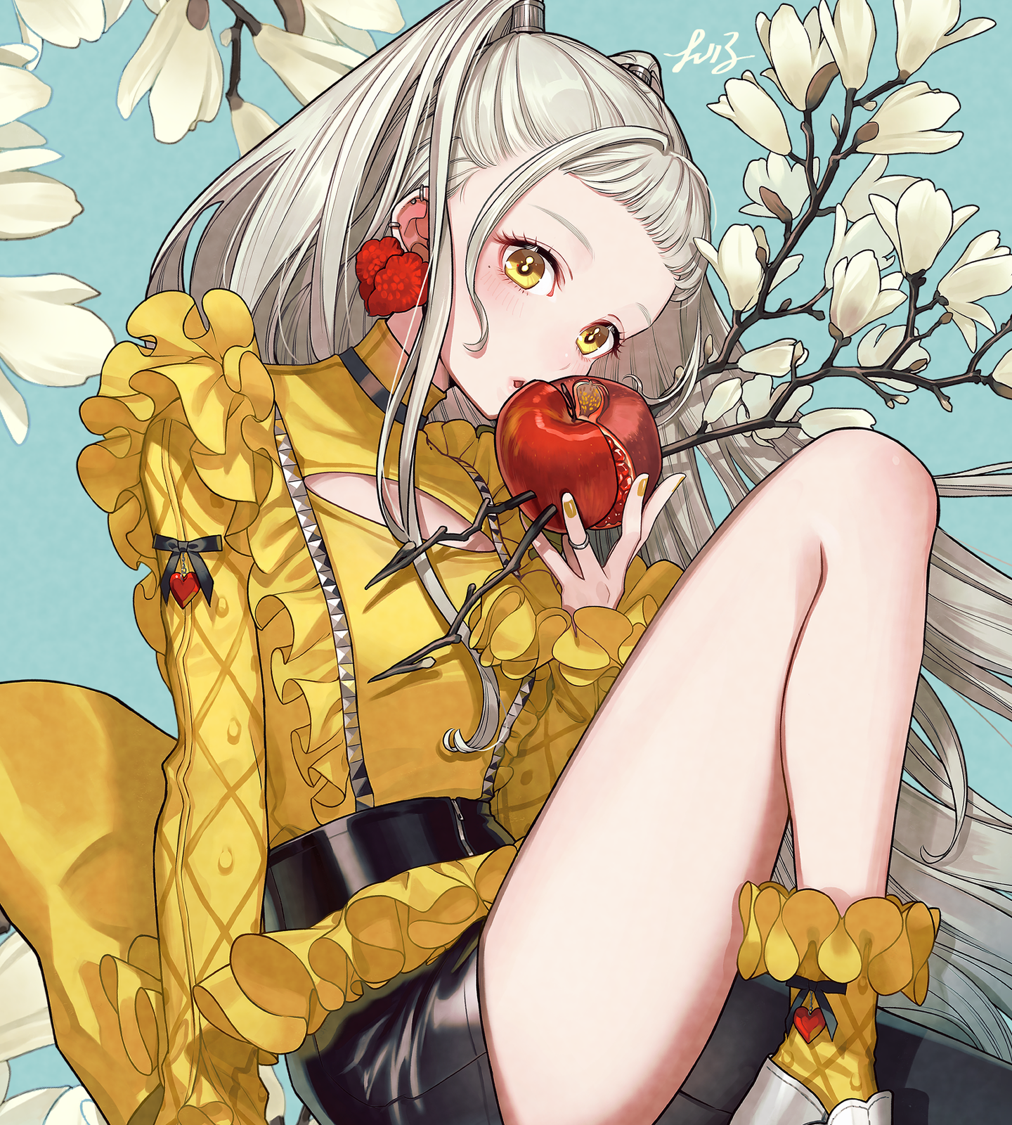 cherico, original, highres, 1girl, ankle socks, asymmetrical clothes, black pants, black ribbon, blue background, blush, cleavage cutout, clothing cutout, ear piercing, earrings, feet out of frame, flower, food, frilled shirt, frills, fruit, grey hair, holding, holding food, holding fruit, jewelry, knee up, long hair, long sleeves, looking at viewer, mole, mole under eye, nail polish, pants, parted lips, piercing, pomegranate, ribbon, shirt, signature, simple background, single bare leg, single pantsleg, sitting, socks, solo, twintails, very long hair, white flower, yellow eyes, yellow nails, yellow shirt, yellow socks, zipper pull tab
