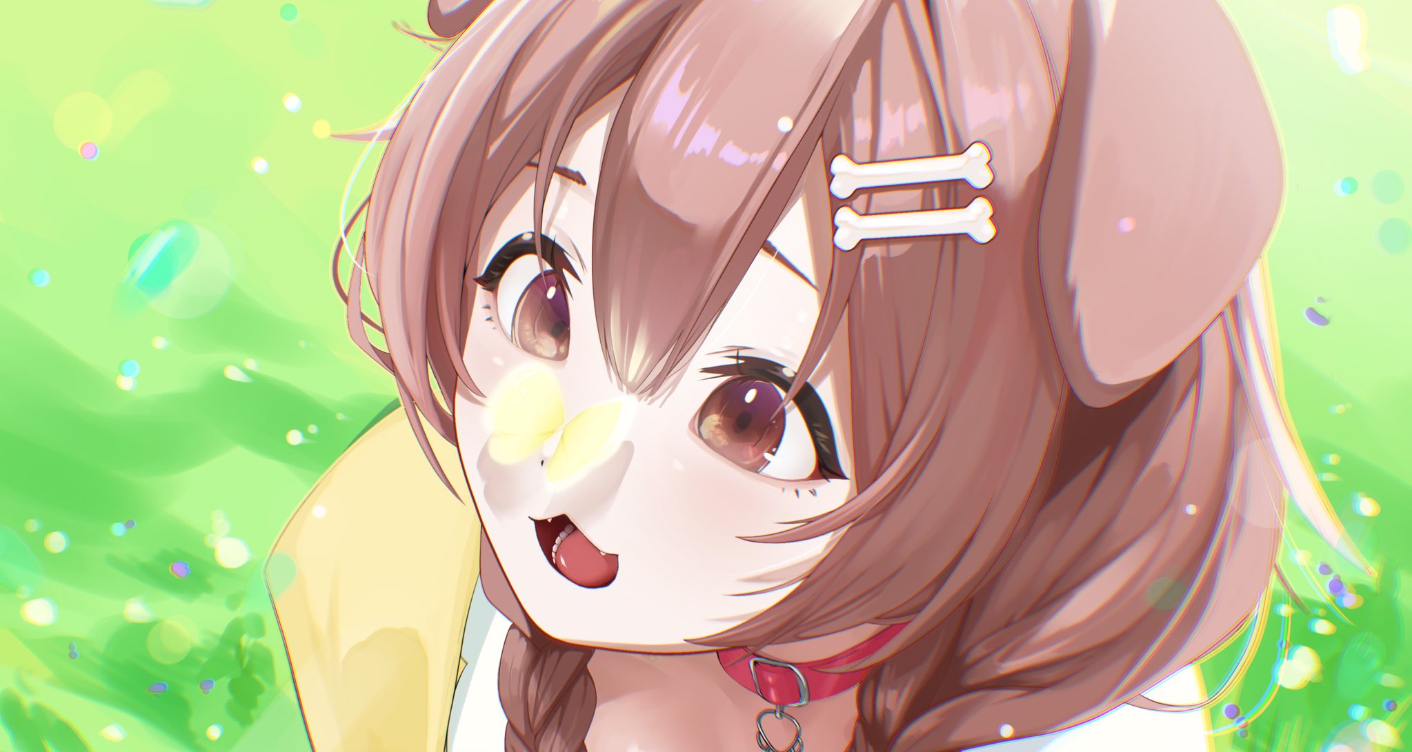 edge ill, inugami korone, inugami korone (1st costume), hololive, highres, 1girl, animal, animal ears, bone hair ornament, braid, brown eyes, brown hair, bug, butterfly, butterfly on nose, collar, dog ears, dog girl, double-parted bangs, grass, hair between eyes, hair ornament, insect, long hair, looking at animal, open mouth, portrait, red collar, smile, solo, virtual youtuber