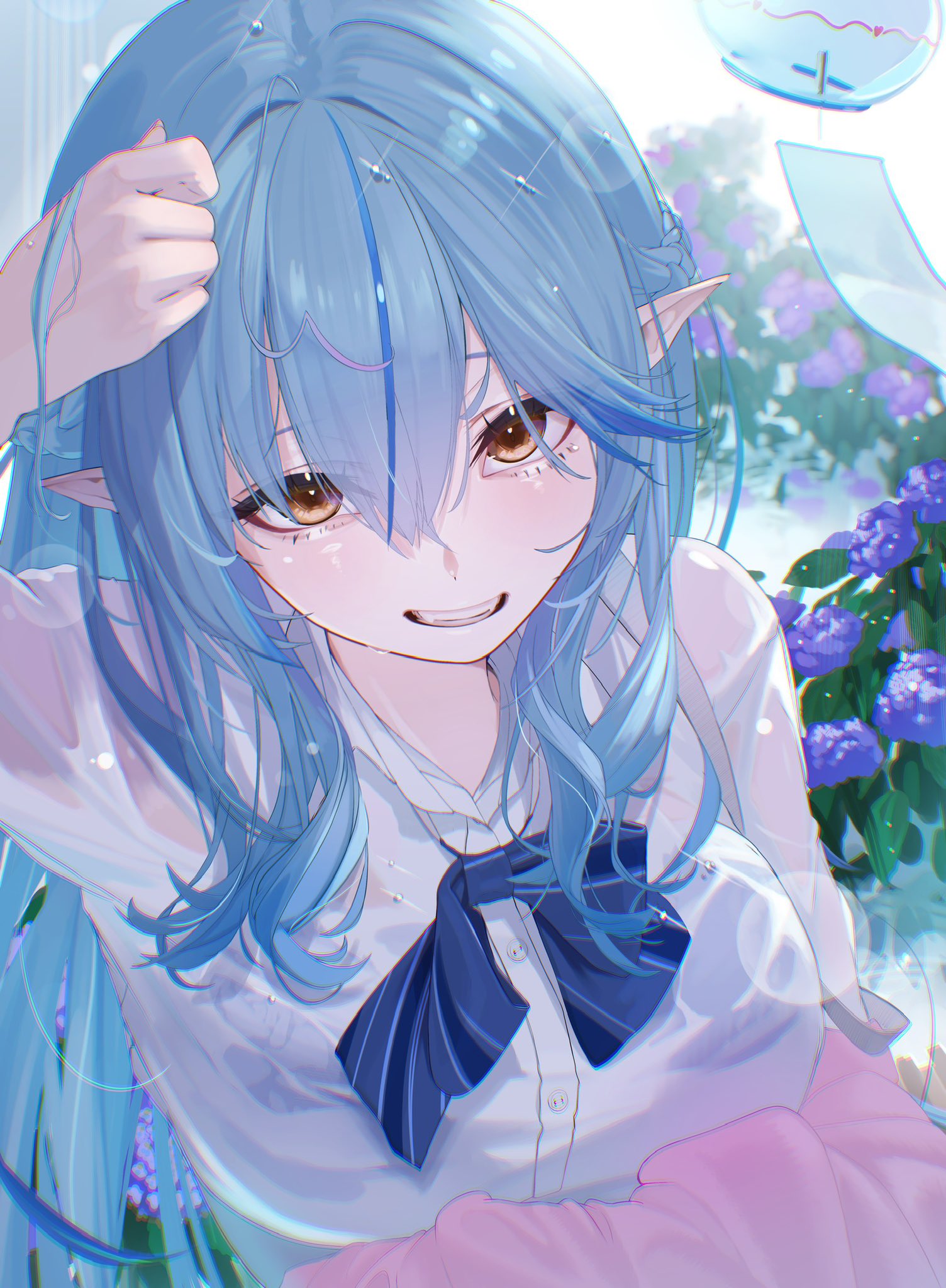 edge ill, yukihana lamy, hololive, hashtag-only commentary, highres, 1girl, ahoge, blue bow, blue bowtie, blue hair, bow, bowtie, bra visible through clothes, breasts, double-parted bangs, flower, grin, hair between eyes, hand up, heart, heart ahoge, large breasts, long hair, looking at viewer, multicolored hair, pointy ears, purple flower, shirt, smile, solo, streaked hair, upper body, virtual youtuber, wet, wet clothes, wet hair, wet shirt, white shirt, yellow eyes