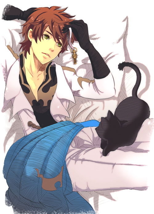 sumitani, arthur (code geass), kururugi suzaku, code geass, bad id, bad pixiv id, 00s, 1boy, brown hair, cat, gloves, green eyes, knights of the round uniform, male focus, open clothes, open shirt, shirt, solo