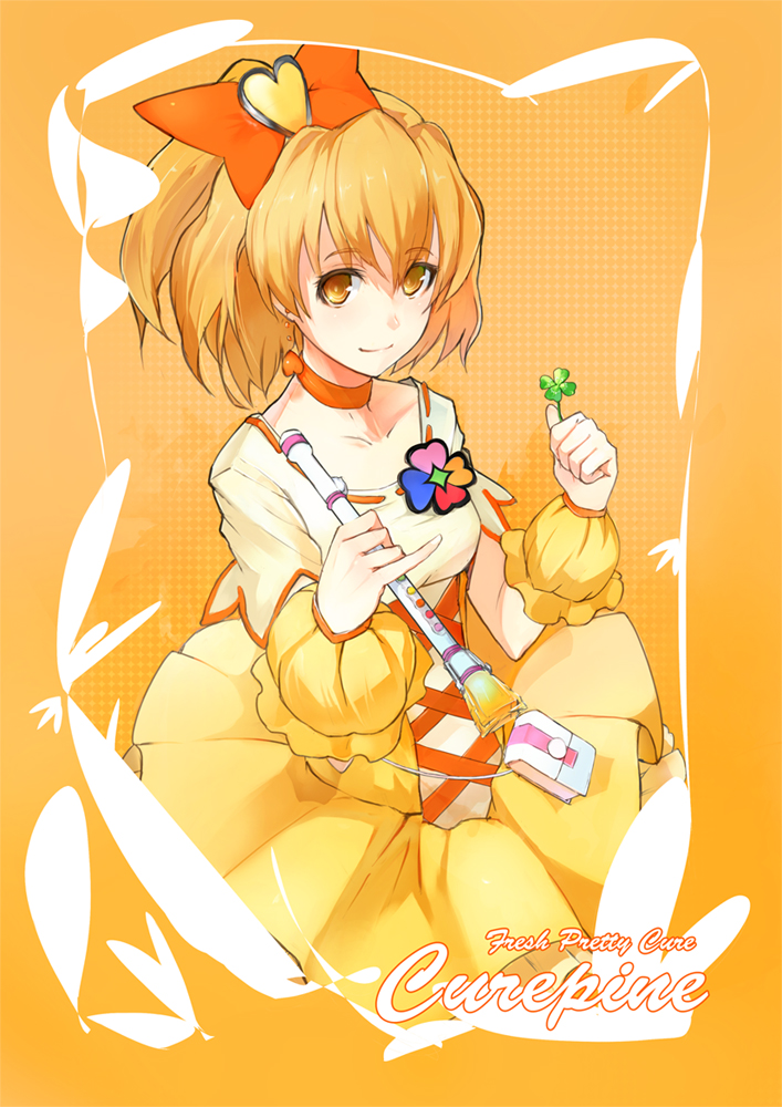miz, cure pine, yamabuki inori, fresh precure!, precure, 00s, 1girl, bow, character name, choker, clover, copyright name, dress, earrings, female focus, four-leaf clover, hair ornament, heart, heart hair ornament, instrument, jewelry, magical girl, orange hair, solo, yellow eyes