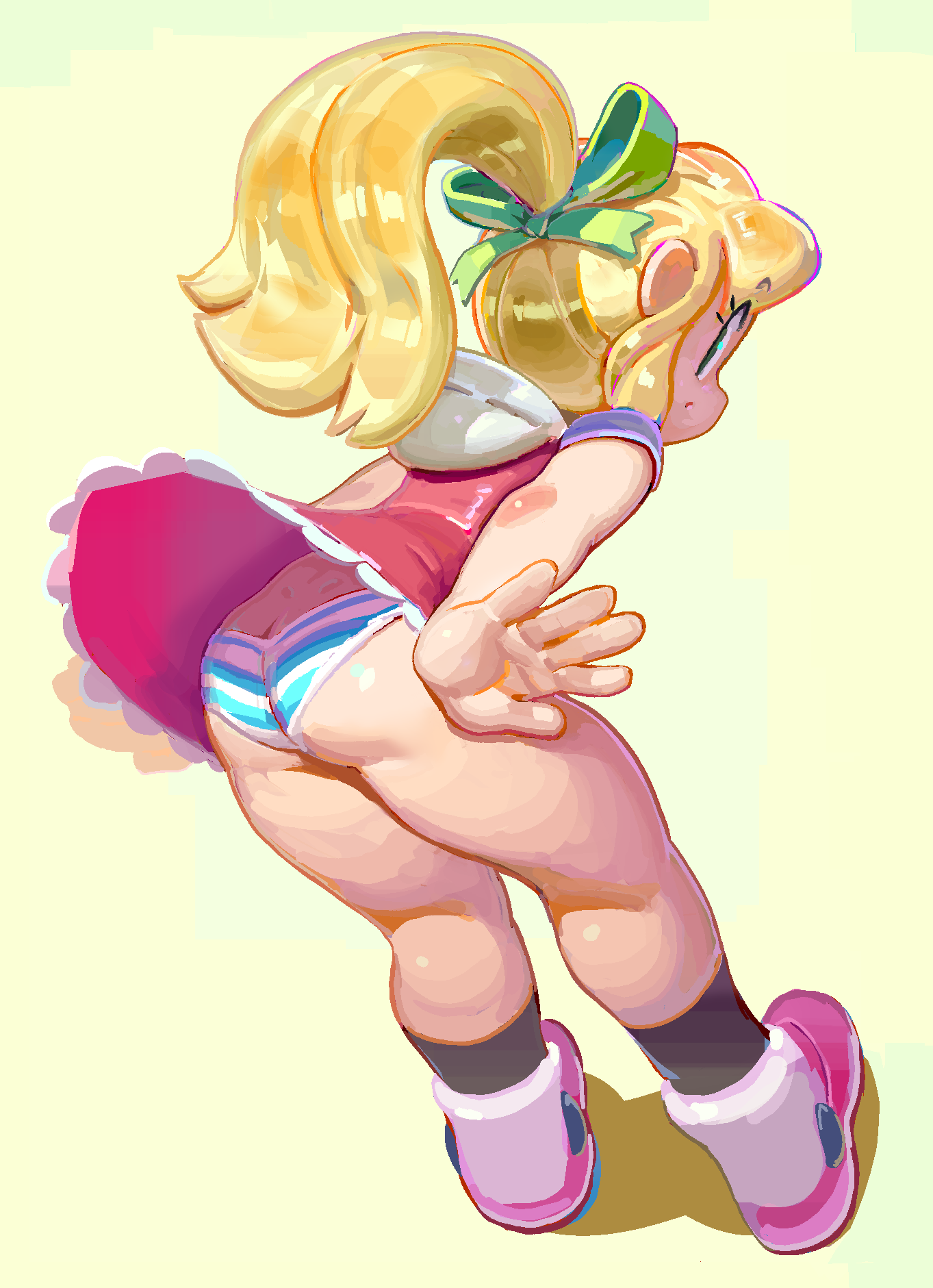 gumdrops (aea), roll (mega man), mega man (series), highres, ass, black socks, blonde hair, blue eyes, blue panties, clothes lift, dress, dress lift, from behind, green ribbon, hair ribbon, leaning forward, legs apart, long hair, looking back, panties, pink shoes, ponytail, red dress, ribbon, shoes, short sleeves, socks, standing, straight hair, striped clothes, striped panties, underwear, upskirt, white background, yellow background