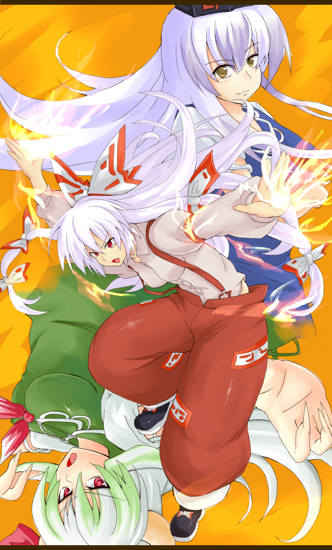 yude, ex-keine, fujiwara no mokou, kamishirasawa keine, touhou, silver hair, bad id, bad pixiv id, 3girls, blunt bangs, dress, dual persona, female focus, green dress, hat, long hair, looking at viewer, multiple girls, pants, suspenders, tate eboshi, very long hair
