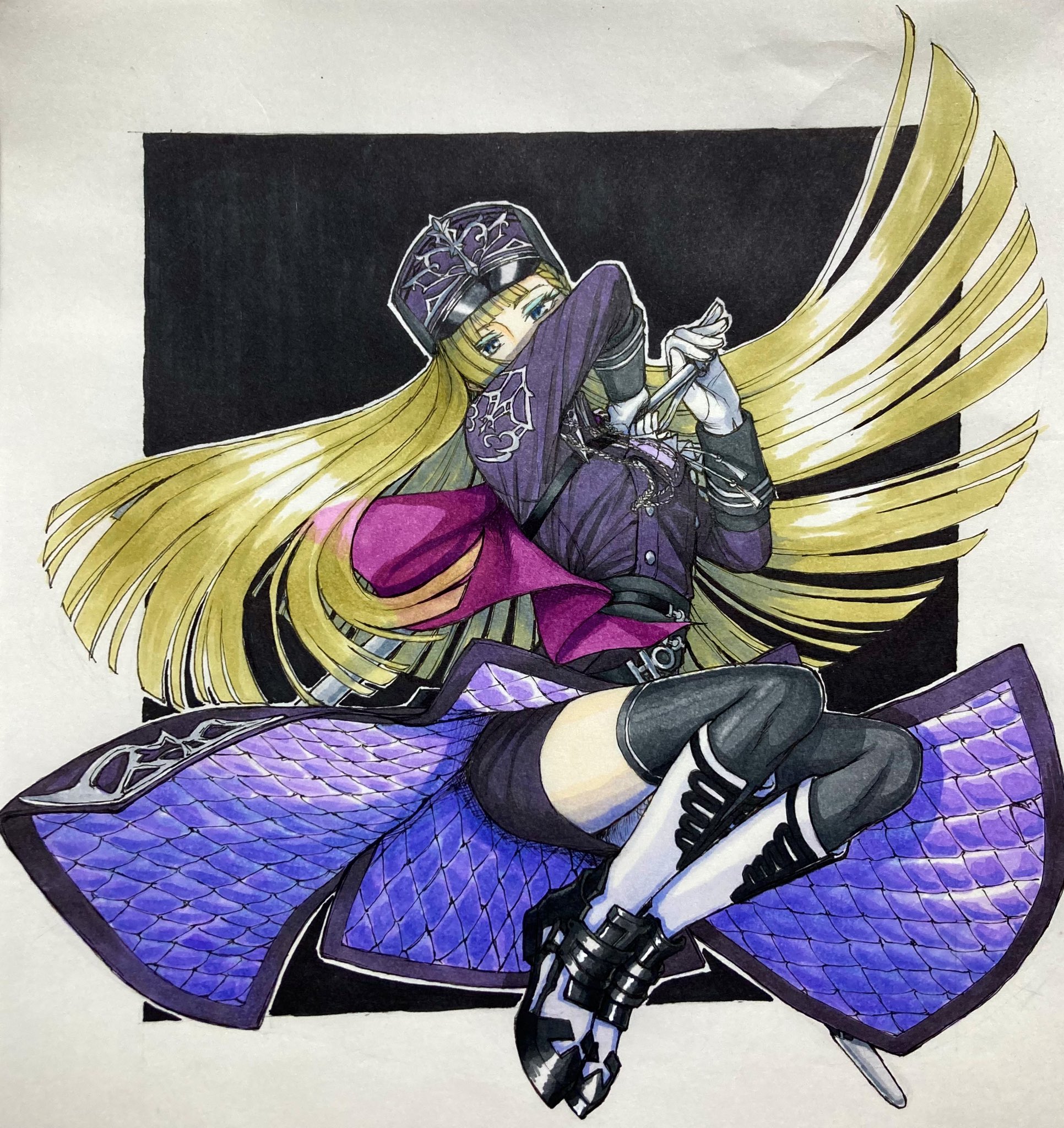 rune factory, rune factory: guardians of azuma, highres, 1girl, black hat, black thighhighs, blonde hair, blue eyes, blue eyeshadow, boots, boutonniere, clarice (rune factory), eyeshadow, hat, holding, holding sword, holding weapon, long hair, looking at viewer, makeup, military uniform, mitsumame22211, peaked cap, side cape, sword, thighhighs, thighs, very long hair, weapon, white boots, zettai ryouiki