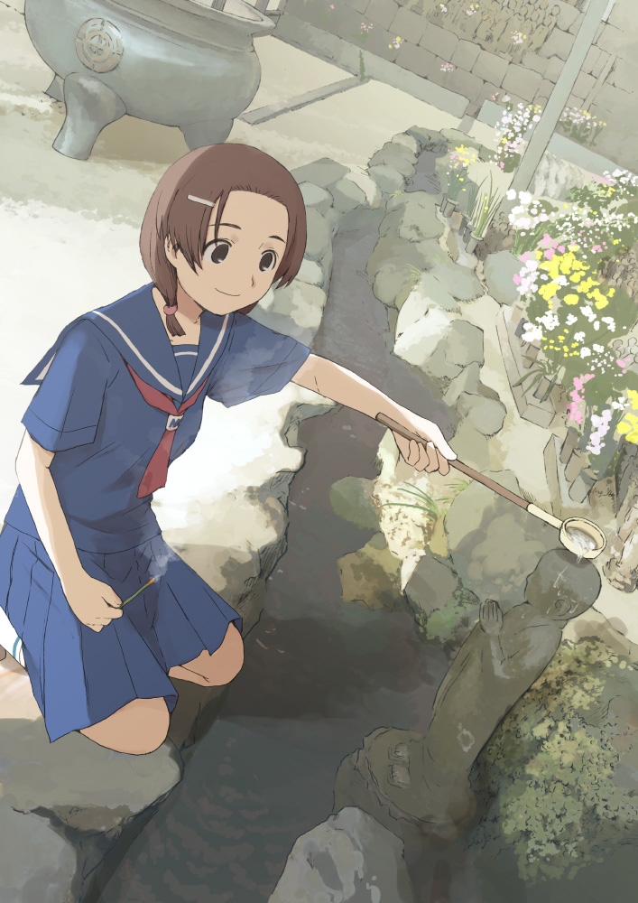 morifumi, buddha, original, 1girl, black eyes, brown hair, dutch angle, female focus, flower, garden, hair ornament, hairclip, incense, light smile, school uniform, serafuku, shrine, slice of life, solo, squatting, statue