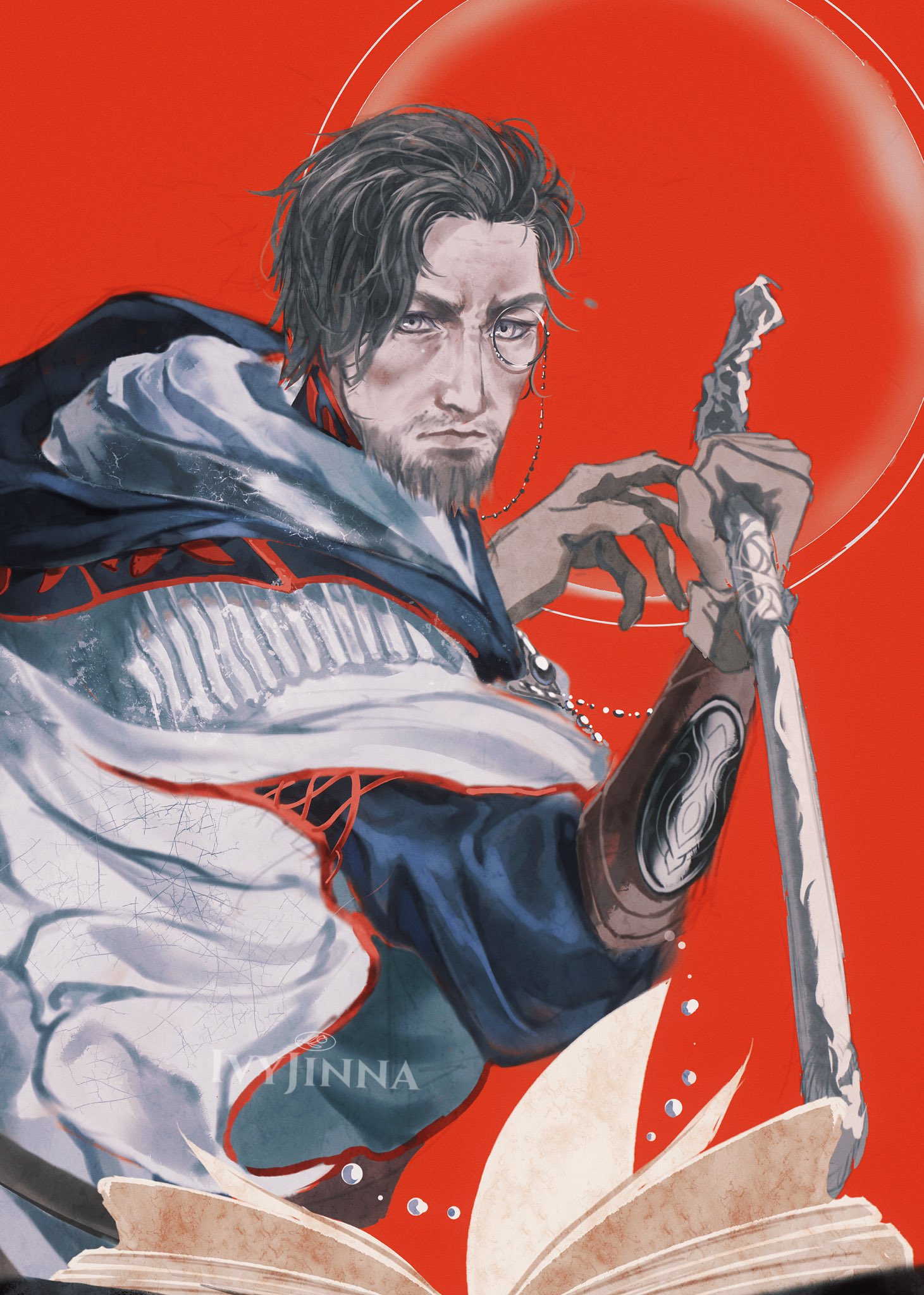 yujia0412, elden ring, elden ring nightreign, highres, 1boy, book, cane, cloak, closed mouth, facial hair, gameplay mechanics, grey eyes, incoming attack, looking at viewer, monocle, red background, scholar (elden ring), signature, solo, upper body, white cloak