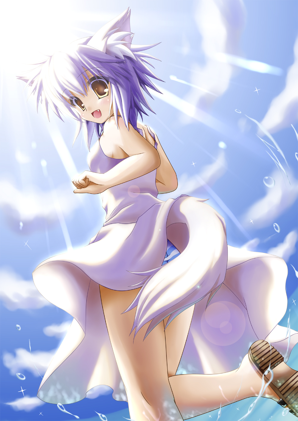 iwaki hazuki, inubashiri momiji, touhou, highres, 1girl, animal ears, day, dress, fang, female focus, panties, pantyshot, sandals, solo, sundress, tail, underwear, white hair, wolf ears, wolf tail, yellow eyes