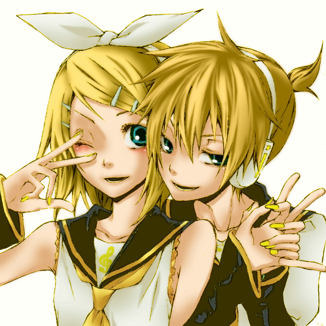 sakura wa homura, kagamine len, kagamine rin, vocaloid, 1boy, 1girl, m/, blonde hair, blue eyes, brother and sister, hair ornament, hair ribbon, hairclip, headphones, nail polish, one eye closed, ribbon, short hair, siblings, simple background, smile, twins, v, wink, yellow nails