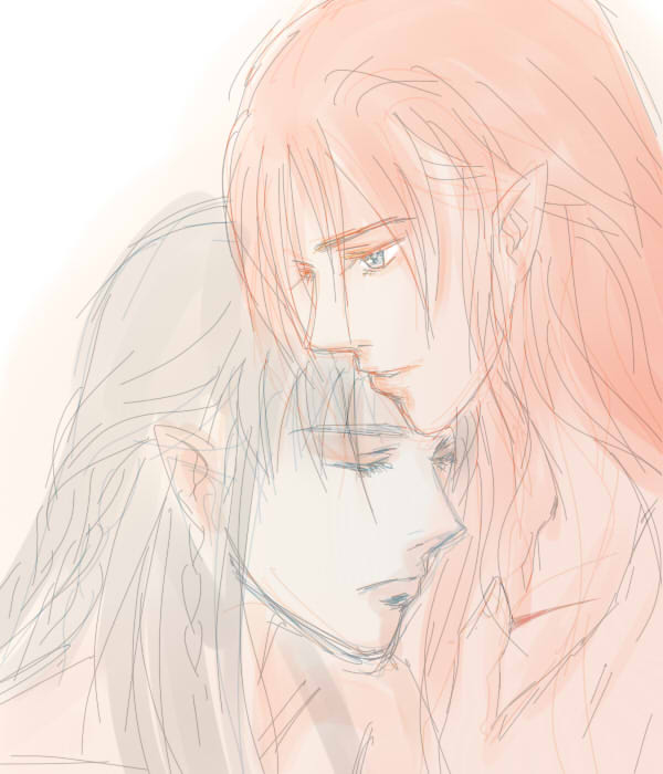 mintkim, fingon, maedhros, the silmarillion, tolkien's legendarium, 2boys, braid, closed eyes, cousins, elf, eyebrows hidden by hair, eyelashes, long hair, male focus, multiple boys, pointy ears, red hair, upper body