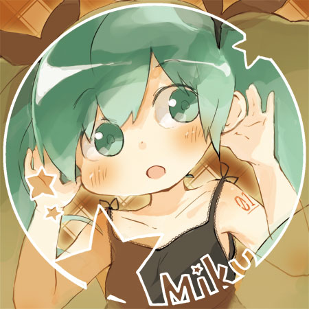 oomiya, hatsune miku, vocaloid, lowres, 1girl, aqua eyes, aqua hair, blush, female focus, hair ribbon, long hair, ribbon, solo, star (symbol), twintails