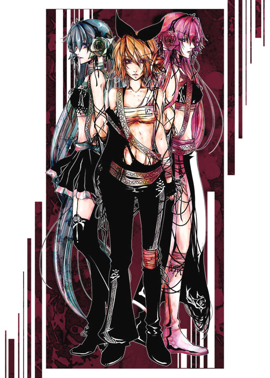 shiinoyuko, hatsune miku, kagamine rin, megurine luka, vocaloid, bad id, bad pixiv id, 3girls, aqua hair, blonde hair, boots, flower, long hair, midriff, multiple girls, pink hair, rose, sarashi, short hair, skirt, thighhighs, torn clothes, twintails, very long hair, zettai ryouiki