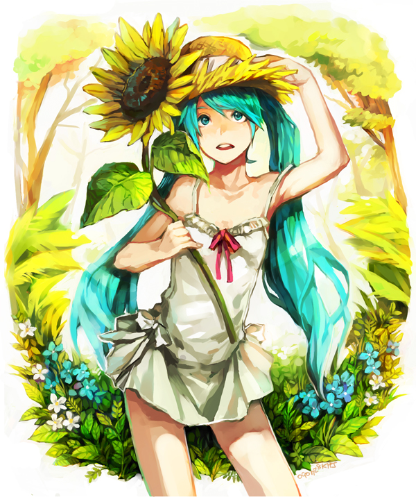 khj, hatsune miku, vocaloid, bad id, bad pixiv id, 1girl, aqua eyes, aqua hair, arm up, dress, female focus, flower, forest, hand on headwear, hat, long hair, nature, short dress, skirt, solo, strap slip, straw hat, sundress, sunflower, tree, twintails, white skirt