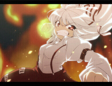 touya (the-moon), fujiwara no mokou, touhou, silver hair, lowres, 1girl, angry, anime coloring, bow, clenched hand, clenched hands, clenched teeth, dark, female focus, fighting stance, fire, flaming hand, foreshortening, hair bow, hair ribbon, incoming attack, leaning back, letterboxed, long sleeves, looking at viewer, orange theme, pants, punching, red eyes, ribbon, scowl, shirt, slit pupils, snarl, solo, suspenders, teeth, white shirt