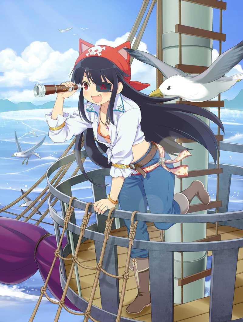mirai (senran kagura), senran kagura, senran kagura new wave, game cg, official art, 1girl, :d, against railing, animal ear headwear, animal ears, bandana, belt, belt buckle, bird, black hair, blue pants, blue sky, blush, boat, boots, border, brown belt, brown boots, buckle, card (medium), cat ears, character name, cloud, day, denim, eyepatch, fake animal ears, fang, flat chest, gem, jeans, jewelry, ladder, long hair, looking through scope, lookout platform, midriff, mitsudomoe (shape), monocular, mountainous horizon, necklace, ocean, open clothes, open mouth, open shirt, outdoors, oversized clothes, oversized shirt, pants, pendant, pirate, purple gemstone, railing, red bandana, red eyes, ring, seabird, seagull, ship, shirt, skull and crossbones, sky, smile, solo, spyglass, standing, standing on one leg, tied shirt, tomoe (symbol), watchtower, water, watercraft, white shirt