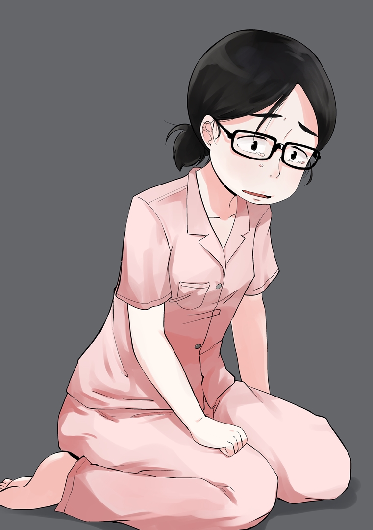 kirinama01, original, 1girl, barefoot, black hair, glasses, grey background, jimiko, mojyo, pajamas, short sleeves, sitting, tearing up, wariza