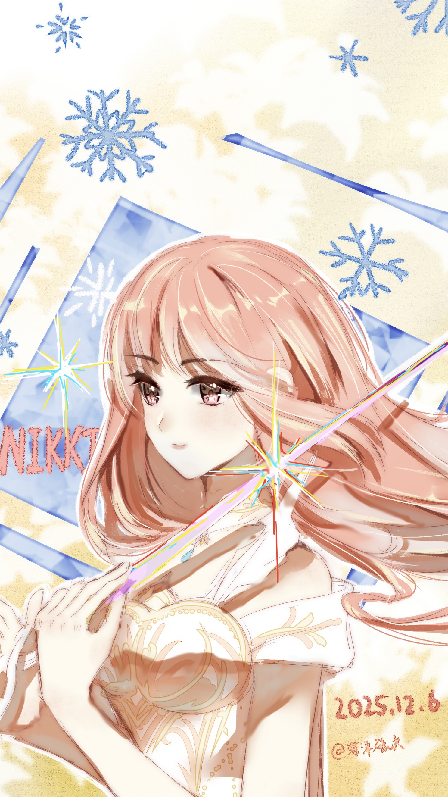 nikki (nikki), infinity nikki, nikki (series), absurdres, chinese commentary, commentary request, highres, 1girl, armor, artist name, bare arms, breastplate, brown eyes, character name, closed mouth, clothing cutout, dated, dress, eyelashes, hair down, haiyang liuhuo, happy, hexagram, holding, holding sword, holding weapon, light blush, lips, long hair, looking ahead, melody bloom (infinity nikki), no headwear, pink hair, rapier, short sleeves, shoulder cutout, smile, snowflakes, solo, sword, upper body, wavy hair, weapon, white dress, yellow background