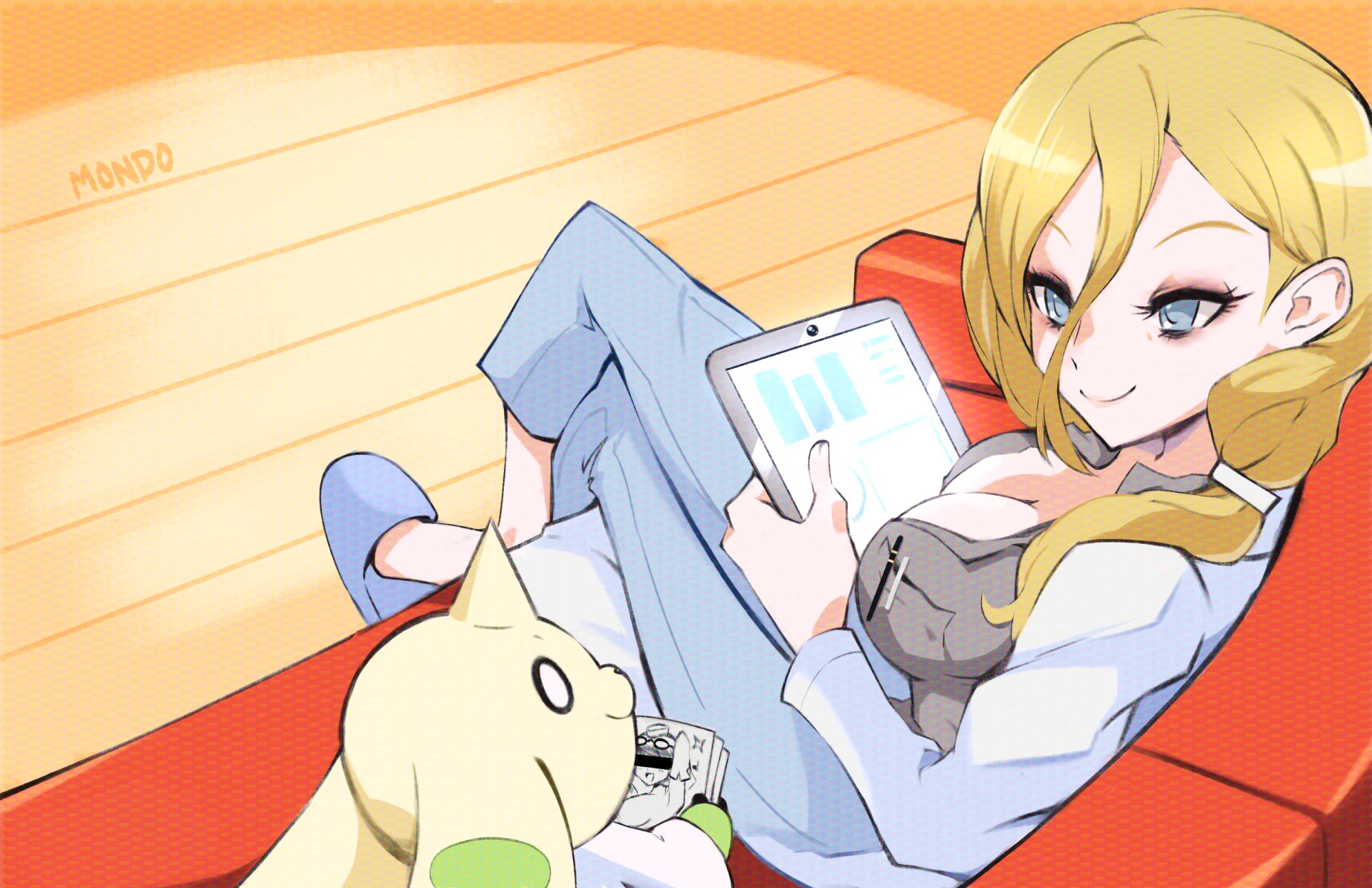 supermondobeat, terriermon, yuuki kanan, digimon, digimon story: time stranger, highres, 1girl, blonde hair, blue pants, breasts, coach, coat, crossed legs, digimon (creature), eyelashes, grey shirt, lab coat, large breasts, looking at another, medium hair, monica simmons, notepad, open clothes, open coat, pants, shirt, sitting, tablet pc, terriermon joshu, white coat