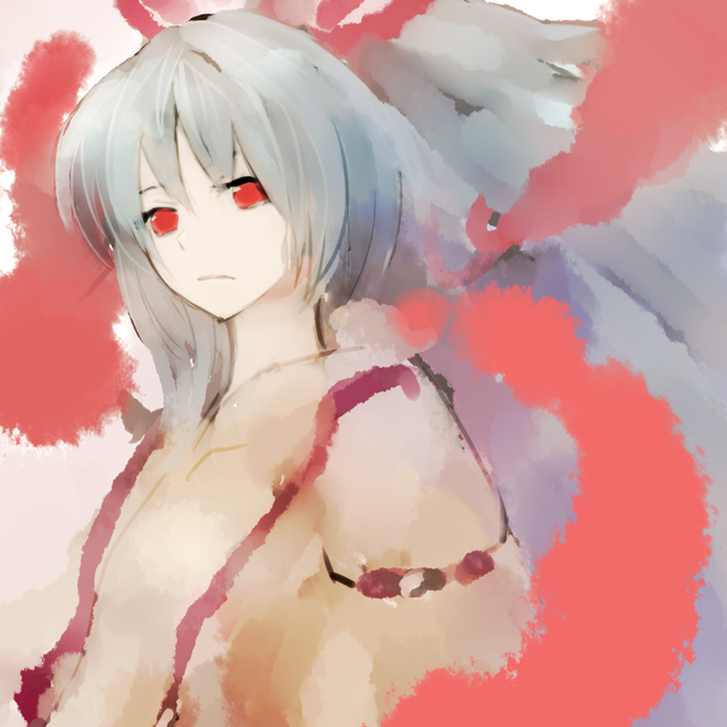 chirigami-san, fujiwara no mokou, touhou, silver hair, 1girl, bow, expressionless, female focus, fire, hair bow, hair ribbon, long hair, red eyes, ribbon, shirt, solo, suspenders, very long hair