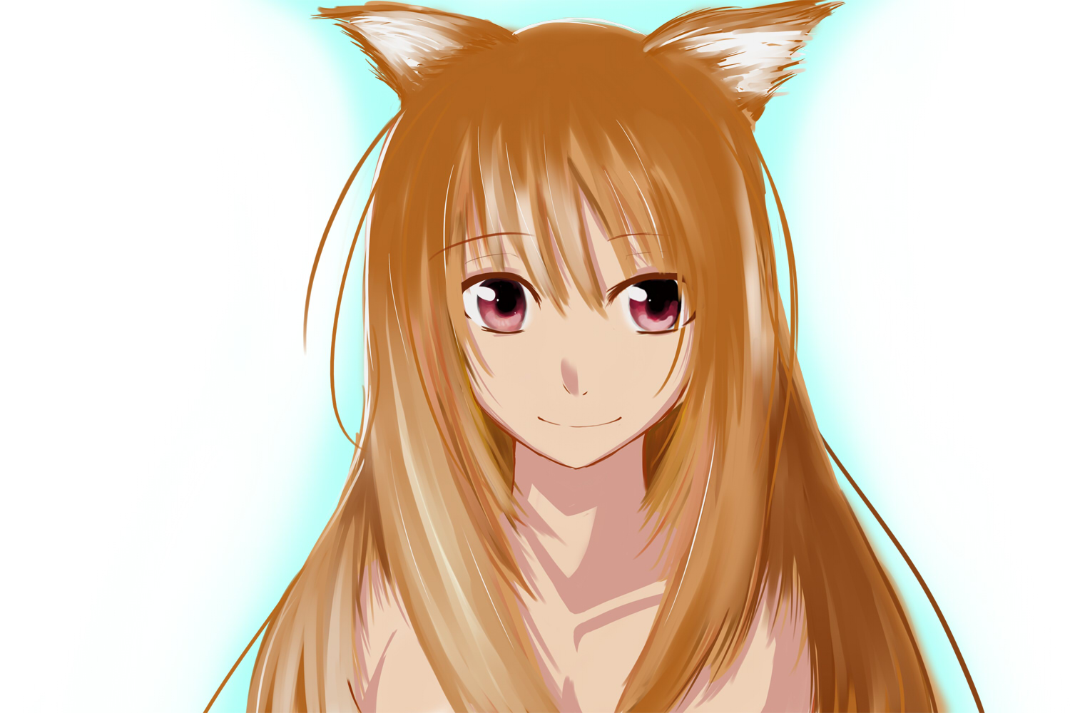 kinako nagomi, holo, spice and wolf, 00s, 1girl, animal ears, brown hair, female focus, hair between eyes, long hair, looking at viewer, nude, portrait, red eyes, smile, solo, upper body, wolf ears