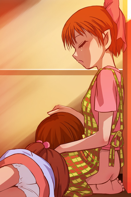 haruyama kazunori, nekomusume, gegege no kitarou, toei company, 2girls, apron, ass, barefoot, bottomless, bow, closed eyes, feet, hair bobbles, hair bow, hair ornament, hair up, lap pillow, loli, multiple girls, no panties, no pants, panties, pantyshot, pink bow, pointy ears, red hair, soles, toes, underwear, yuri