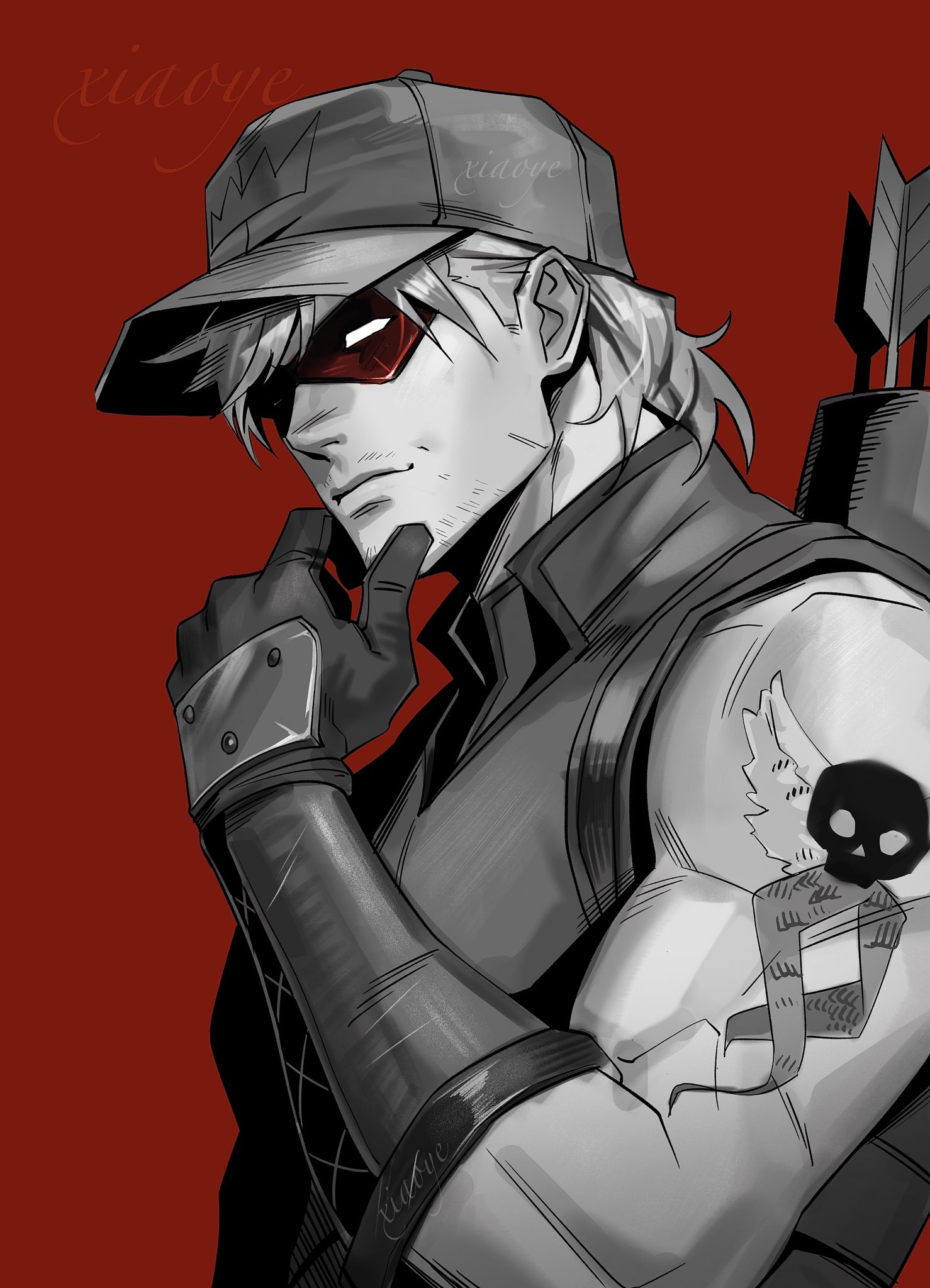 arsenal (dc), roy harper, batman (series), dc comics, red hood and the outlaws, highres, archery, arm tattoo, baseball cap, bodysuit, domino mask, eye mask, gloves, hat, male focus, mask, muscular, muscular male, orange hair, red bodysuit, red mask, short hair, superhero costume, tattoo, taut bodysuit, xiaoye12589